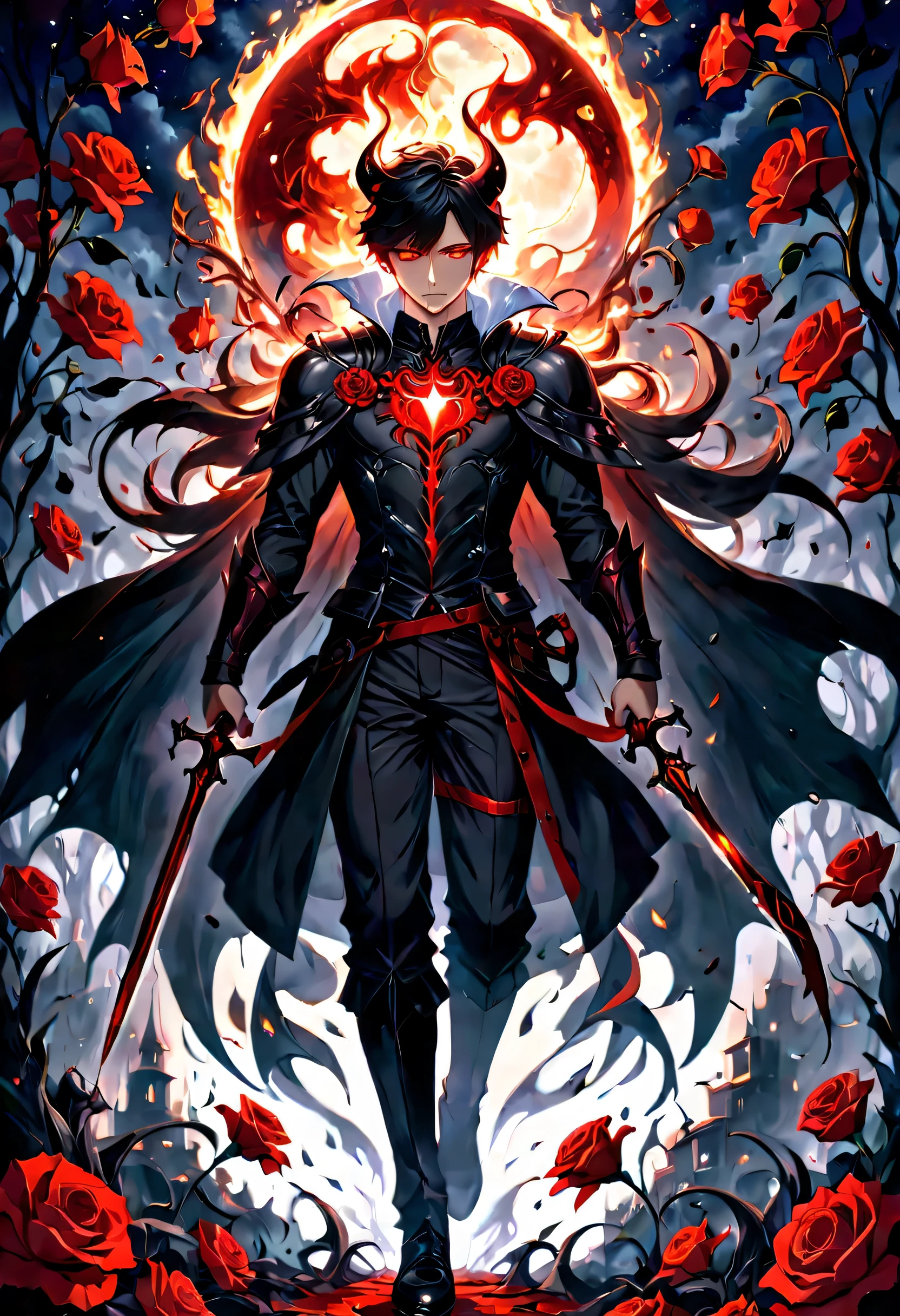 final showdown super illustration extremely detail, story of the brave, nightmare with dream can't wake up from, get everything, dark sky, false glory, supernatural existence, even if all hope is lost, seek more power, stepping on countless corpses and shouldering the burden of guilt, darkness of night fall, demon inside, all range, born in the abyss, vengeance, blood burning, moonlight signpost with run through, wipe away the pain and sadness, until we tear apart the darkness and bring light, stir up blood, to weave hope, determined eyes, stunning elaborate sword, following the scars, hero who carries the dreams of the world on his shoulders of intricate detail, flowers of memories are in full bloom, in light and shadow, beautiful detail shield, oil painting, 