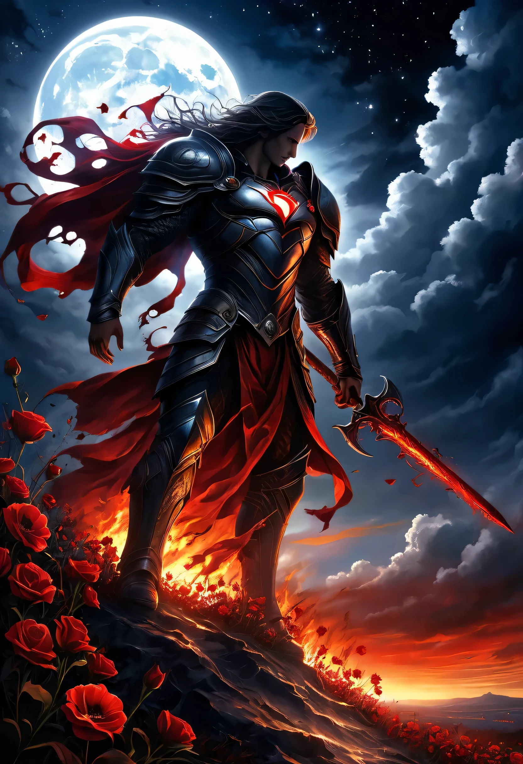 final showdown super illustration extremely detail, story of the brave, nightmare with dream can't wake up from, get everything, dark sky, false glory, supernatural existence, even if all hope is lost, seek more power, stepping on countless corpses and shouldering the burden of guilt, darkness of night fall, demon inside, all range, born in the abyss, vengeance, blood burning, moonlight signpost with run through, wipe away the pain and sadness, until we tear apart the darkness and bring light, stir up blood, to weave hope, determined eyes, stunning elaborate sword, following the scars, hero who carries the dreams of the world on his shoulders of intricate detail, flowers of memories are in full bloom, in light and shadow, beautiful detail shield, oil painting, 