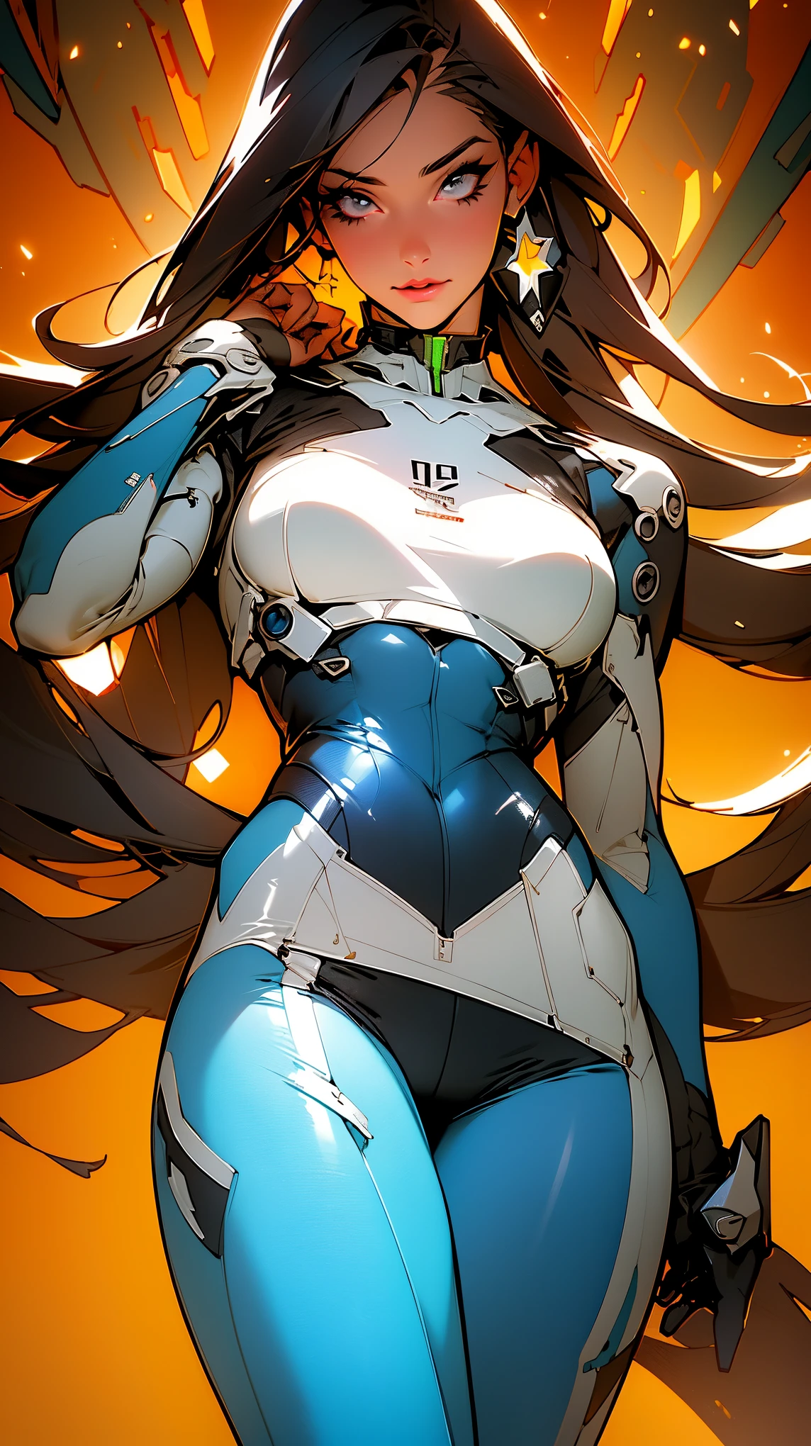 ((melhor qualidade)), ((obra de arte)), (detalhado: 1.4), (Absurdo), Alison Tyler is a fighter pilot ready for war, pele negra azulada, Roupas com desenhos abstratos espetaculares, Color explosion, cosmic tattoo, nebula, corpo escultural muscular definido, todo o corpo, coxas nuas meio grossas, boca fechada, body covered by technological clothing, Estilo Neon Genesis Evangelion, Ciberpunk, decote generoso, ((perfect medium breasts)), (olhos azuis super claros), ((roupas totalmente verdes e laranja)), (((cabelo loiro curto)))), long black eyelashes heavy makeup, cinta-liga feita com arame farpado, por muito, niji--V5, perto do real, psicopata, Cara de maluco, pose sexy, fundo fractal, 2 piece outfit, pastel, centrado, scale to fit dimensions, hdr (high-range dynamics),rastreamento de raios,NVIDIA RTX,Super-resolution,Irreal 5, Subsurface Dispersion, Textura PBR, Post-processing, Anisotropic filtering, profundidade de campo, Maximum clarity and sharpness, Texturas multicamadas, Mapas Albedo e Especulares, Surface shading, Accurate simulation of light-material interaction, perfect proportions, octane rendering, Two-tone lighting, Grande abertura, ISO baixo, White balance, rule of thirds, 8K CRU, traje crisiano