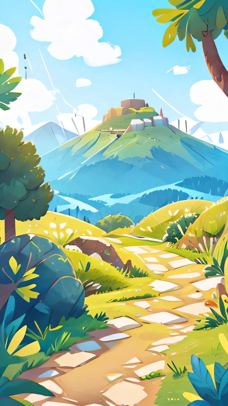 (Open),path,Mountain,Blue sky and white clouds,Hand drawn background,flat illustration