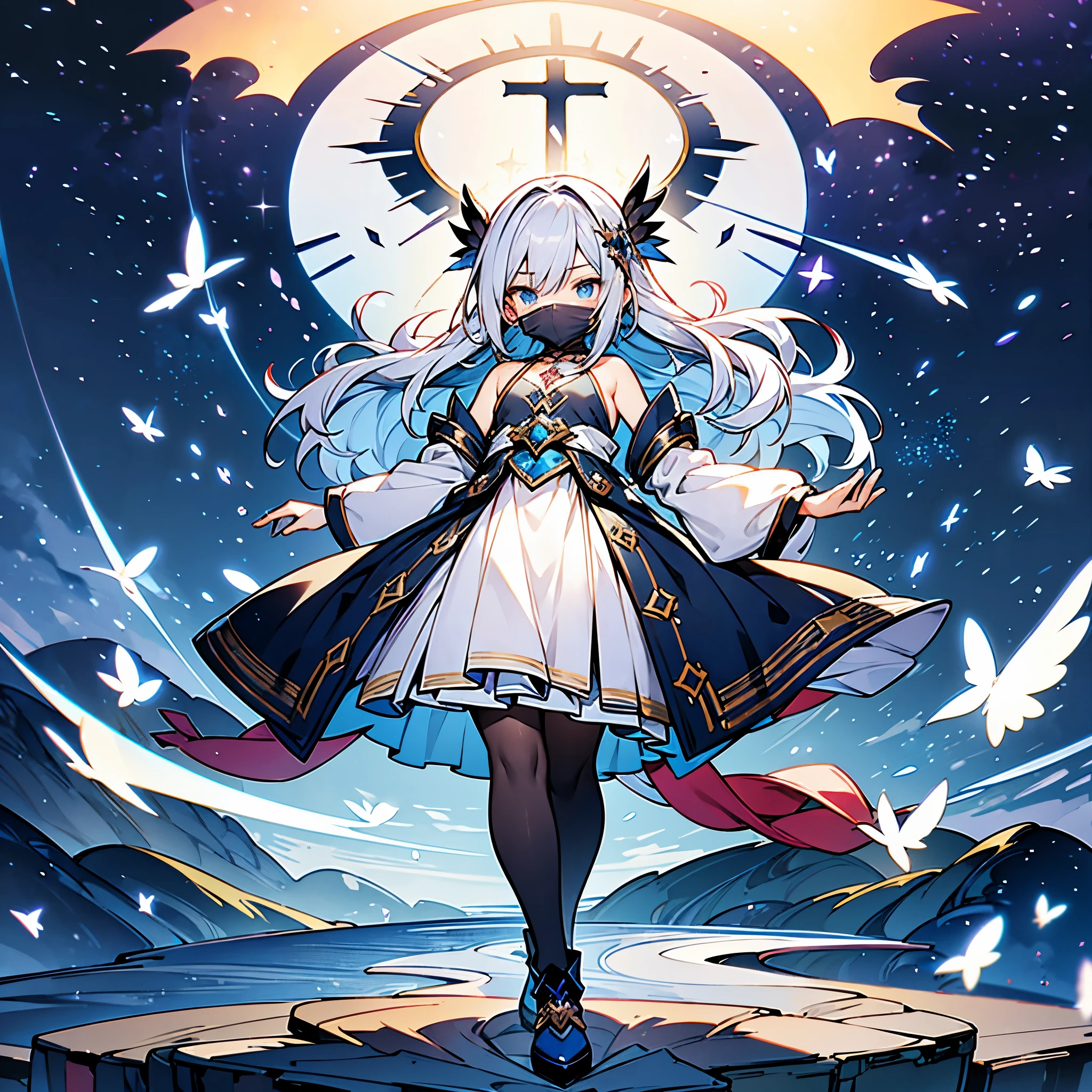 Full body illustration of a cross-dressing beautiful boy、cute handsome boy、flat chest、female sorceress costume、shaman&#39;s hair ornament、black pantyhose、The strongest in the world、Tremendous magical power、Blue magical light rising from the body、radiate magic、angry、A saint blessed by the goddess of love、silver hair fluttering in the wind、long hair、A magical wind blows、huge halo、curse、the enemy surrenders、high resolution、8K、Super detailed illustrations、super detailed face、super detailed eyes、