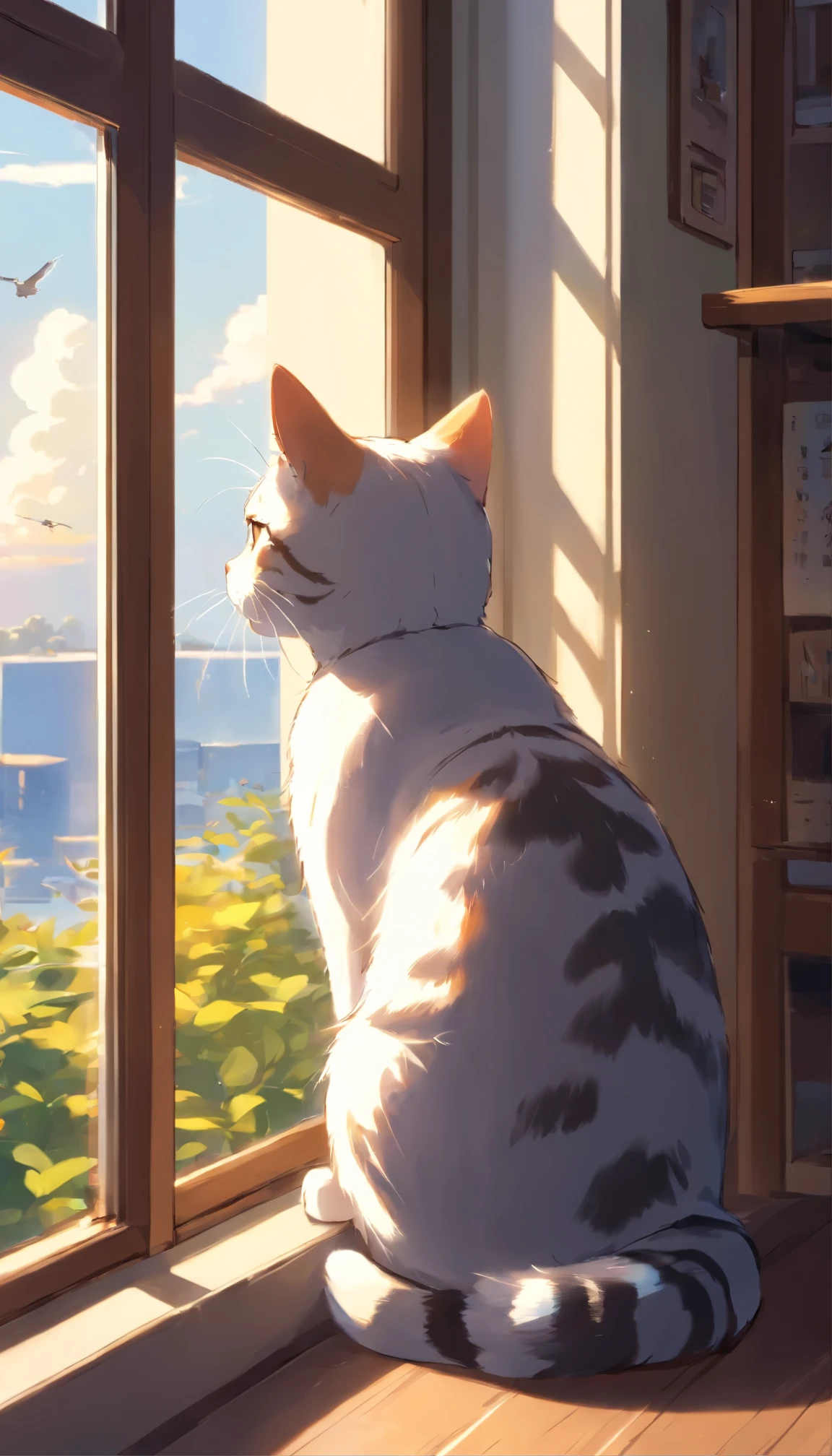 american shorthair,Cat,looking outside by the window,Nature is abundant outside,There are some birds flying outside.,Catは横たわって外を眺めている