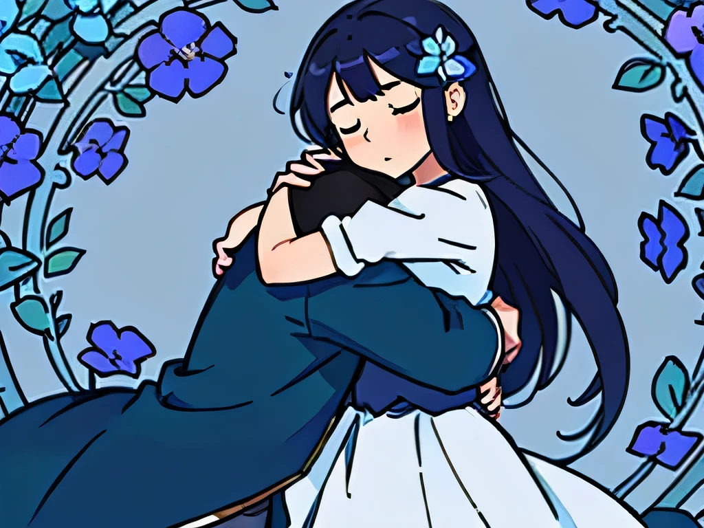 perfect anime illustration, side view of a girl hugging a guy, there are many blue flowers around them, flowers surround them, beautiful flower vines