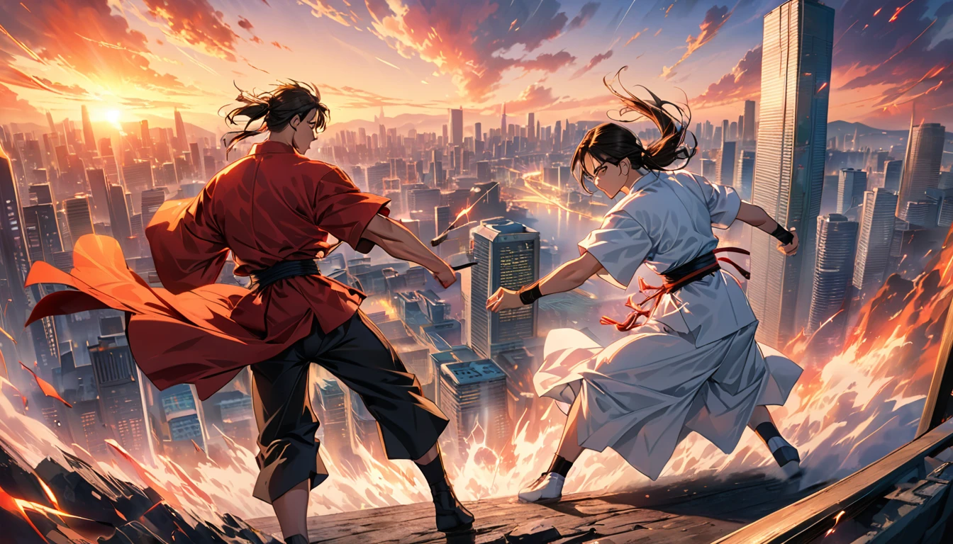 A dramatic and intense final showdown scene, where two skilled martial artists are engaged in a high-stakes battle. The background is a city skyline with tall, modern buildings, and a vibrant sunset. The atmosphere is a mix of adrenaline and suspense, with a sense of the stakes being higher than ever., high res, best quality, masterpiece, 