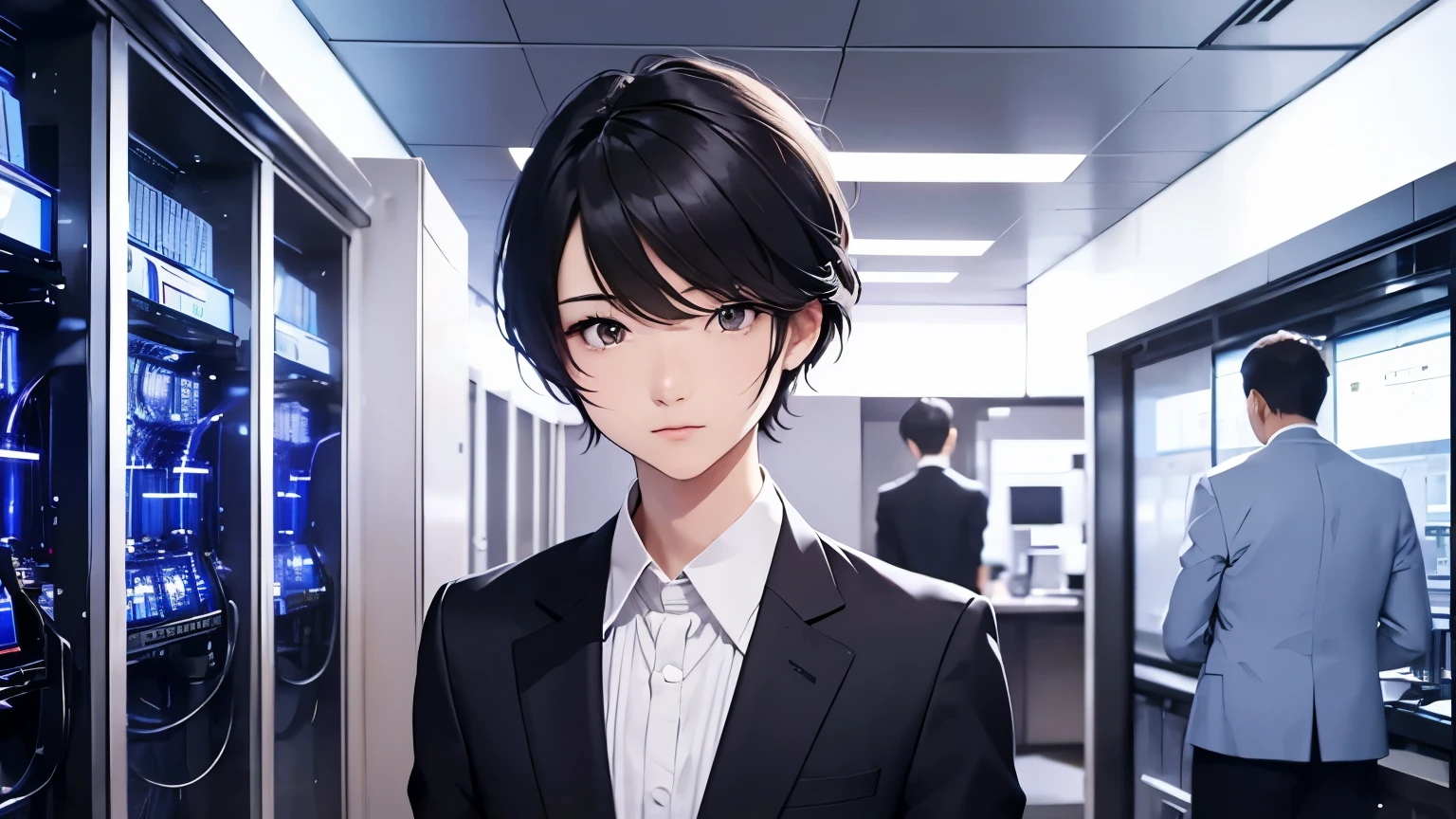 wearing a suit、cyber atmosphere、server room、it engineer、30 years old、A beautiful woman and a dandy man are lined up、Japanese、short hair、looking at the camera