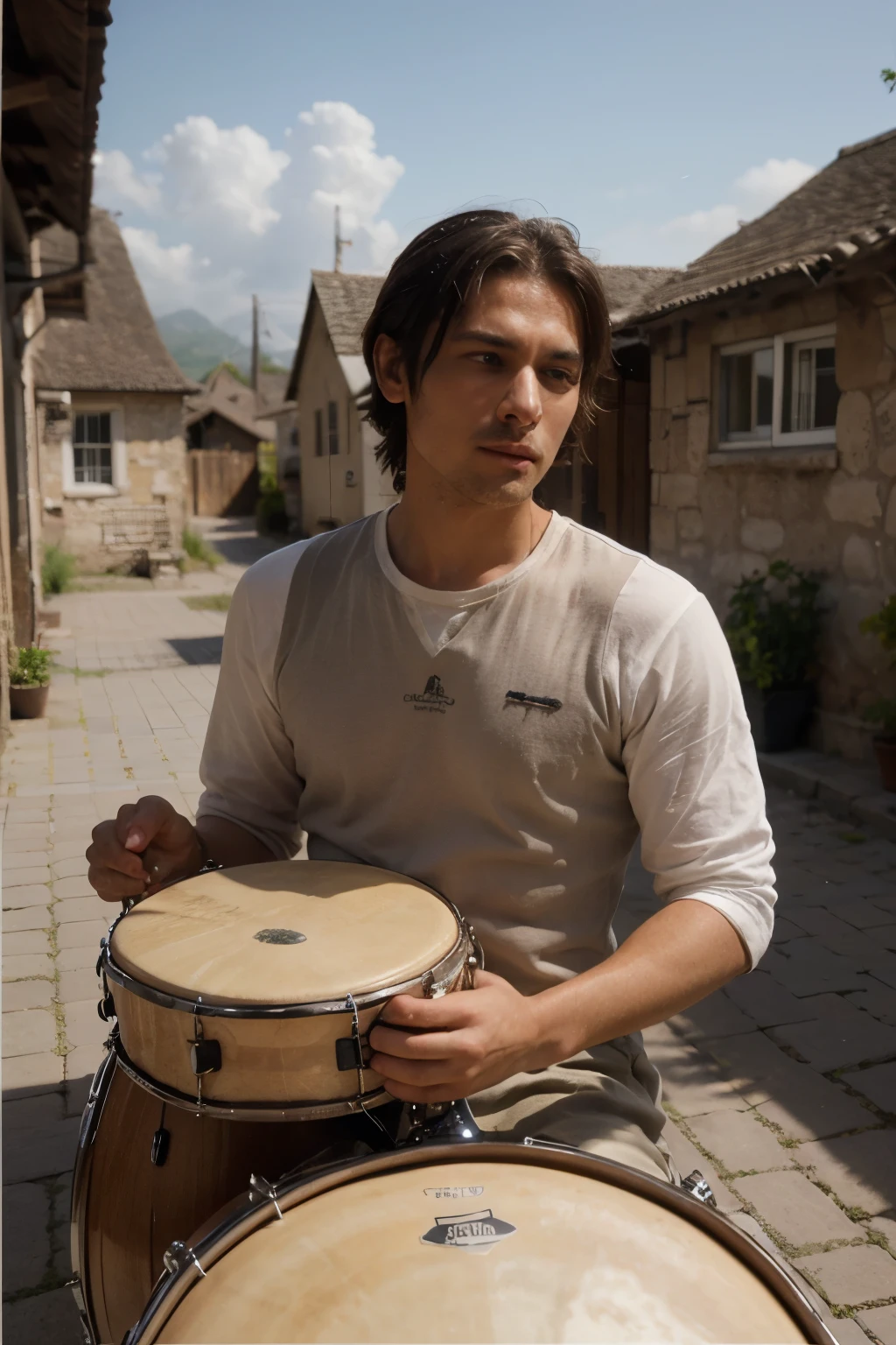 a man is playing drum in a village wide view of image ((best quality)), ((masterpiece)), (detailed), perfect face oil panting style