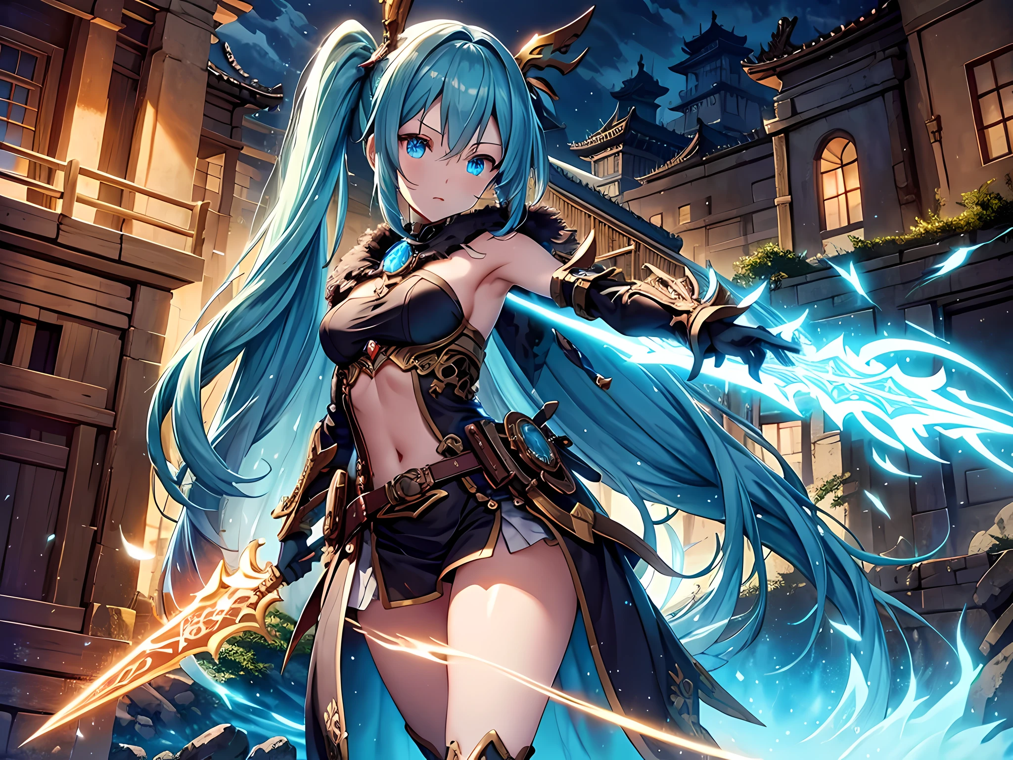 Hatsune Miku as an adventurer, digital illustration, lively background, realistic lighting, best quality, vibrant colors, long flowing twin-tails, detailed eyes, flowing cape, magical aura, holding a staff, exploring ancient ruins, encountering mythical creatures, dynamic pose, futuristic gadgets, fantasy world, ethereal atmosphere, intense shadows, action-packed scene, dynamic camera angle, glowing runes, epic battle, immersive environment, mysterious artifacts, steampunk elements, intricate details, intricate costume, expressive face, stormy weather, flying dragons, ancient temples, mystical energy, breathtaking landscapes