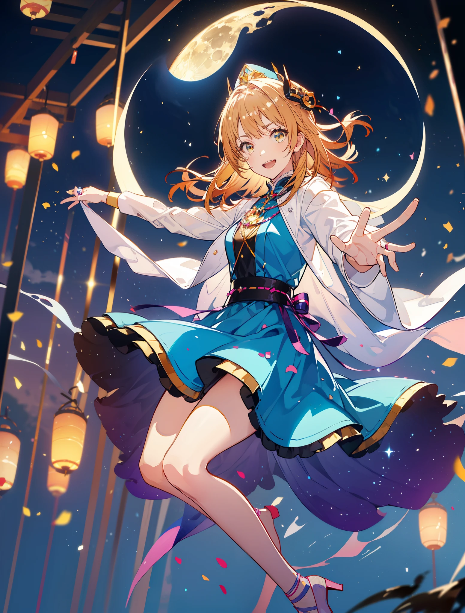 irohaisshiki, iroha isshiki, short hair, brown hair, (brown eyes:1.5), smile,(colorful glowing lanterns),((A night sky filled with colorful cute creatures flying around)),((big full moon)),((Sparkling and colorful stars)),fluffy hair,,slightly red tide,((brown eyes)),((Idol style costume with soft volume)),long skirt,Pointed shoes,((gorgeous wizard hat)),((witch)),(magic wand with a jewel on the tip),smile,Kamimei,((側面shape))
break outdoors, forest,forest
break looking at viewer,
break (masterpiece:1.2), highest quality, High resolution, unity 8k wallpaper, (shape:0.8), (thin and beautiful eyes:1.6), highly detailed face, perfect lighting, Very detailed CG, (perfect hands, perfect anatomy),