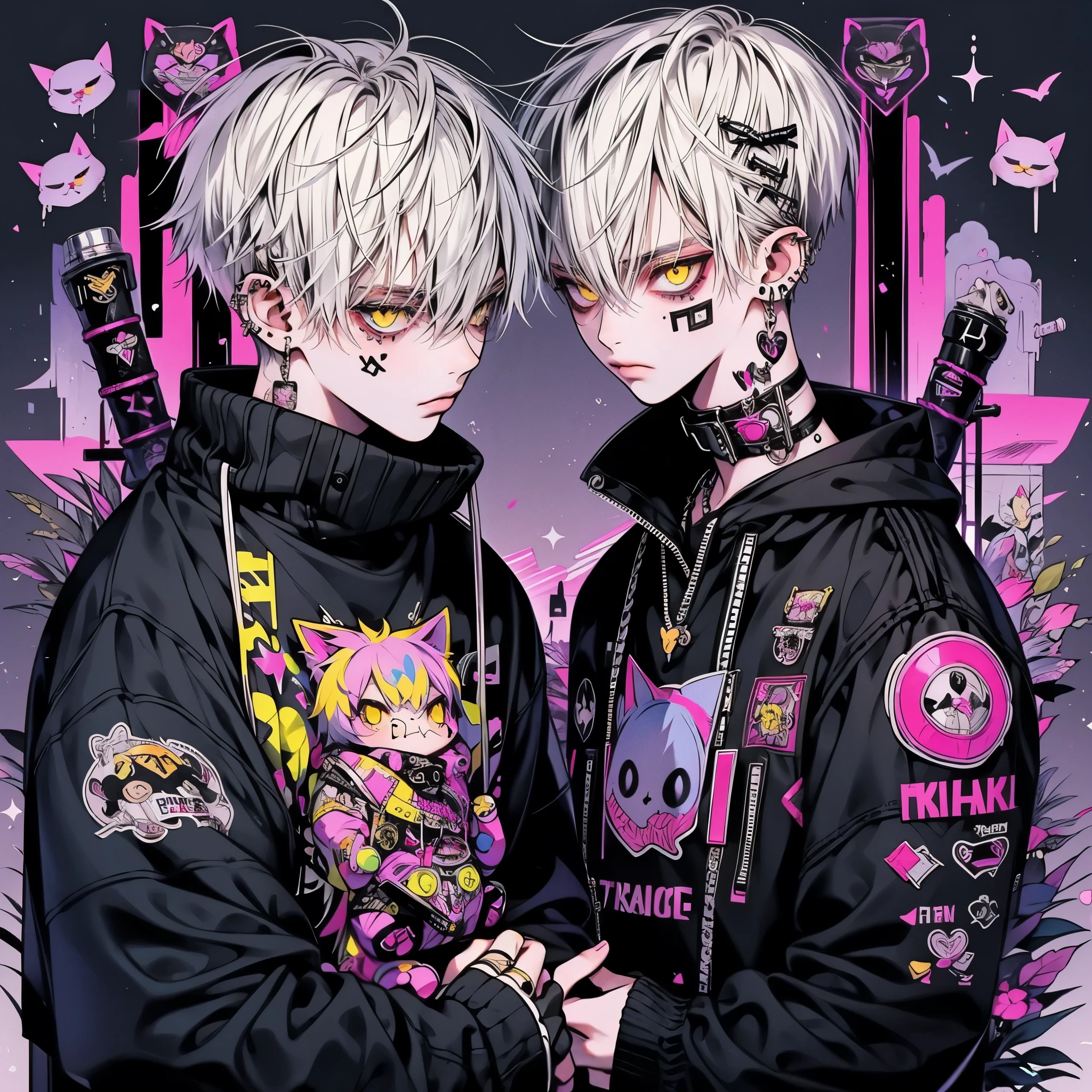 Punk rock emo man, Neko, wolf boy, neon white hair, tattoo sleeves and piercings, yellow eyes, slender, skinny, short,  Harajuku-inspired punk clothes, no twins, one person