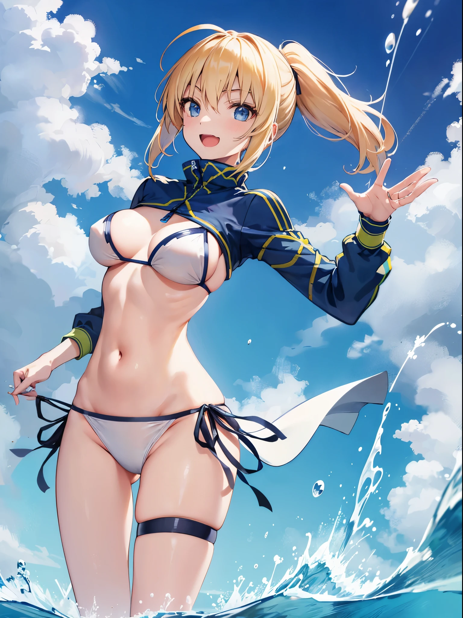 masterpiece,(ultra-detailed),1girl, mysterious heroine xx \(fate\), smile,open mouth, swimsuit, white bikini, side-tie bikini bottom, shrug \(clothing\), jacket,  thigh strap, wristband,  large_breasts, ocean, splashing,blonde_ponytail,open_legs,