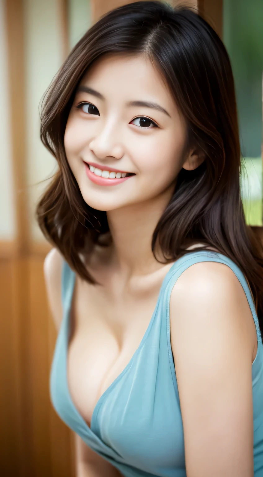 masterpiece,best quality,(Japanese ),((Beautiful girl)),cleavage,indoor,(perfect body beauty:1.2),(shy smile),beautiful teeth,