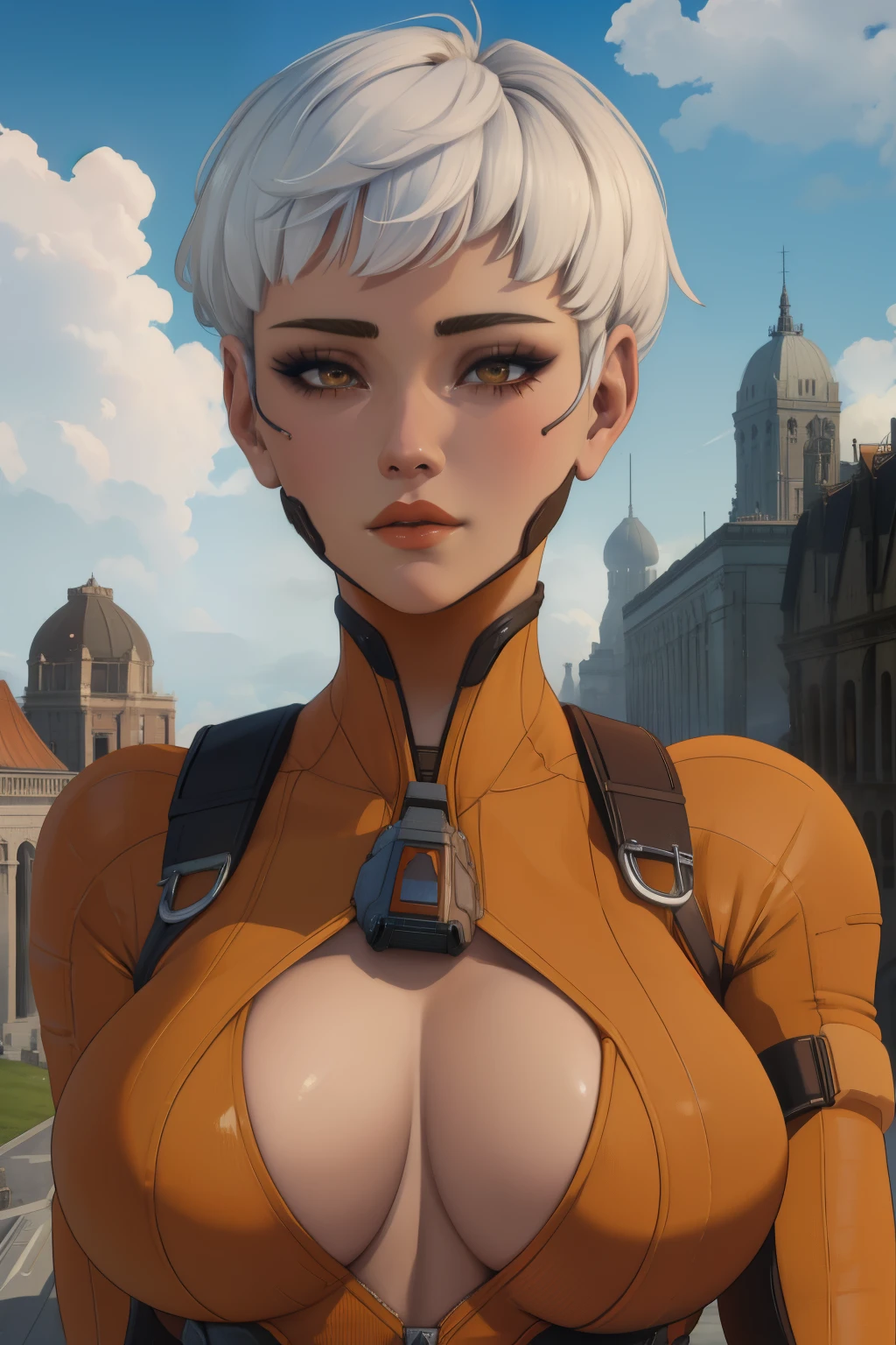 valkapl,white hair,short hair,brown eyes,
orange bodysuit,
upper body, standing,
outside,clouds,rooftop,
(insanely detailed, beautiful detailed face, beautiful detailed eyes, masterpiece, best quality), large breasts gigantic breasts, humongous breasts, titanic breasts