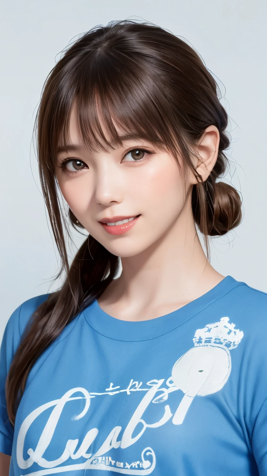 (highest quality、8k、32K、masterpiece)、(realistic)、(Photoreal:1.2)、(High resolution)、Super detailed、very beautiful face and eyes、1 girl、round and small face、thin waist、delicate body、(close、highest quality、high detail、rich skin details)、(highest quality、8k、oil paint:1.2)、Super detailed、(realistic、realistic:1.37)、bright colors、(((cheeks are flushed)))、(((I'm blonde)))、(((laughter)))、(((bust shot)))、((short hair、ponytail))、(((Pure white wall background)))、(((she is wearing a blue t-shirt)))、(((pure white wall background)))、(((blue and light blue clothes)))、(((The shirt has a picture of the sea written on it.)))、(((It is a short sleeve T-shirt)))、(((大laughterしています、I&#39;m holding my mouth)))、(((Teeth are visible)))