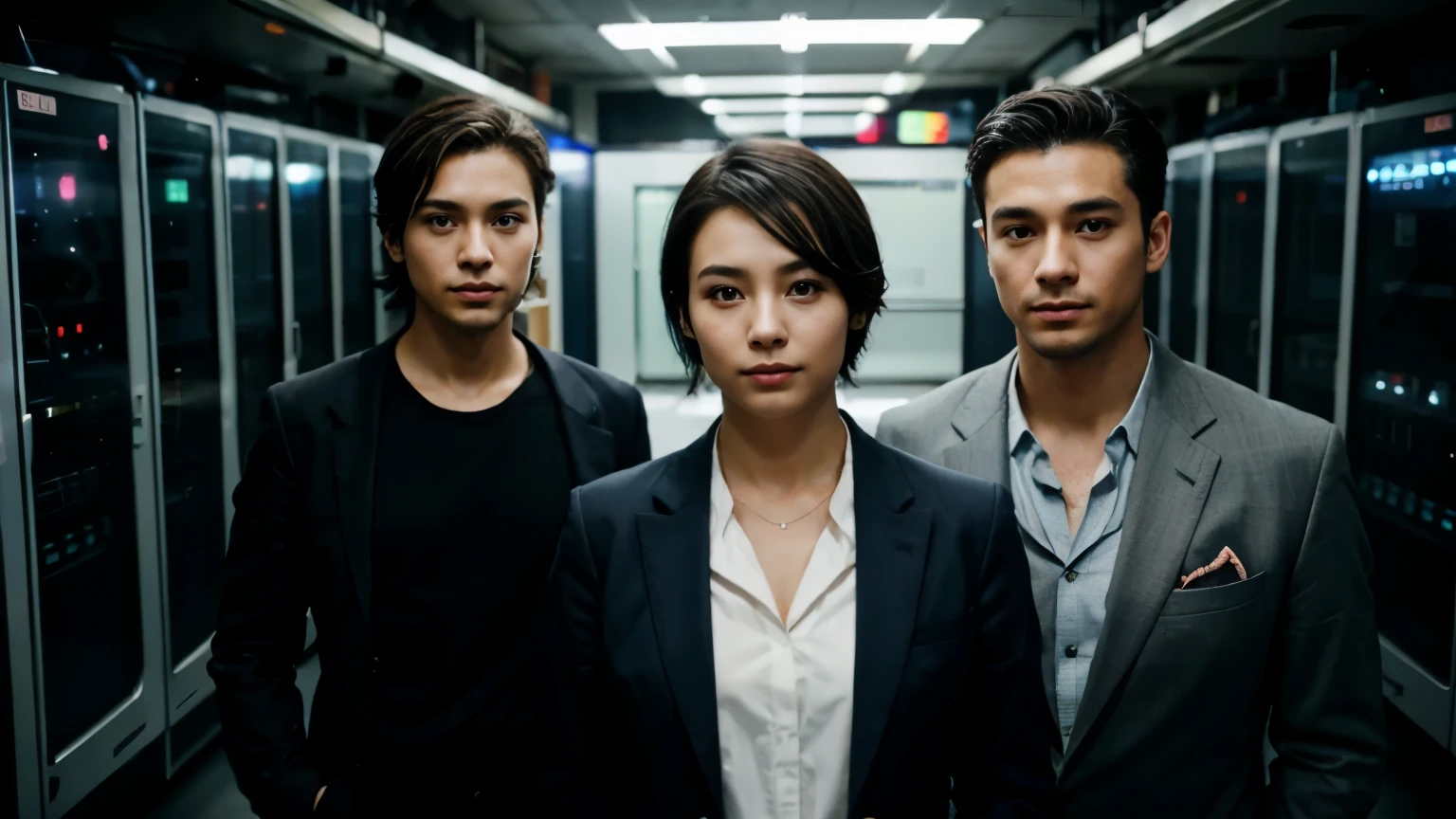 wearing a suit、cyber atmosphere、server room、it engineer、30 years old、A beautiful woman and a dandy man are lined up、Japanese、short hair、looking at the camera、clear eyes