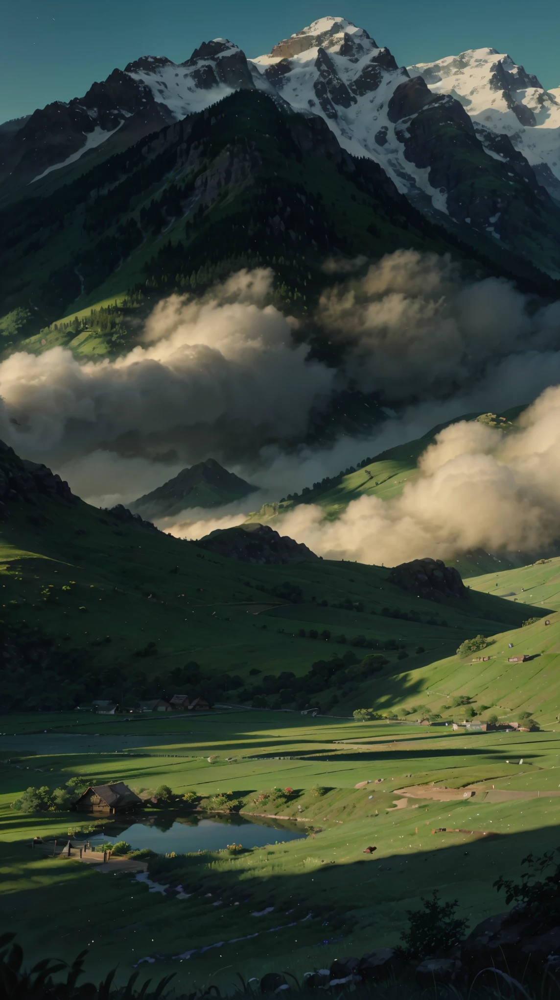 (illustrations : 1.0), Epic composition, photorealistic lighting, HD detail, masterpiece, Best quality at best, (Highly detailed CG integrated 8k wallpaper) , landscape photo of a lush green field with a mountain in the background. The field appears to be a paddy field, which is a type of flooded rice field. There is a line of trees in the distance, along the base of the mountain. The sky is clear blue