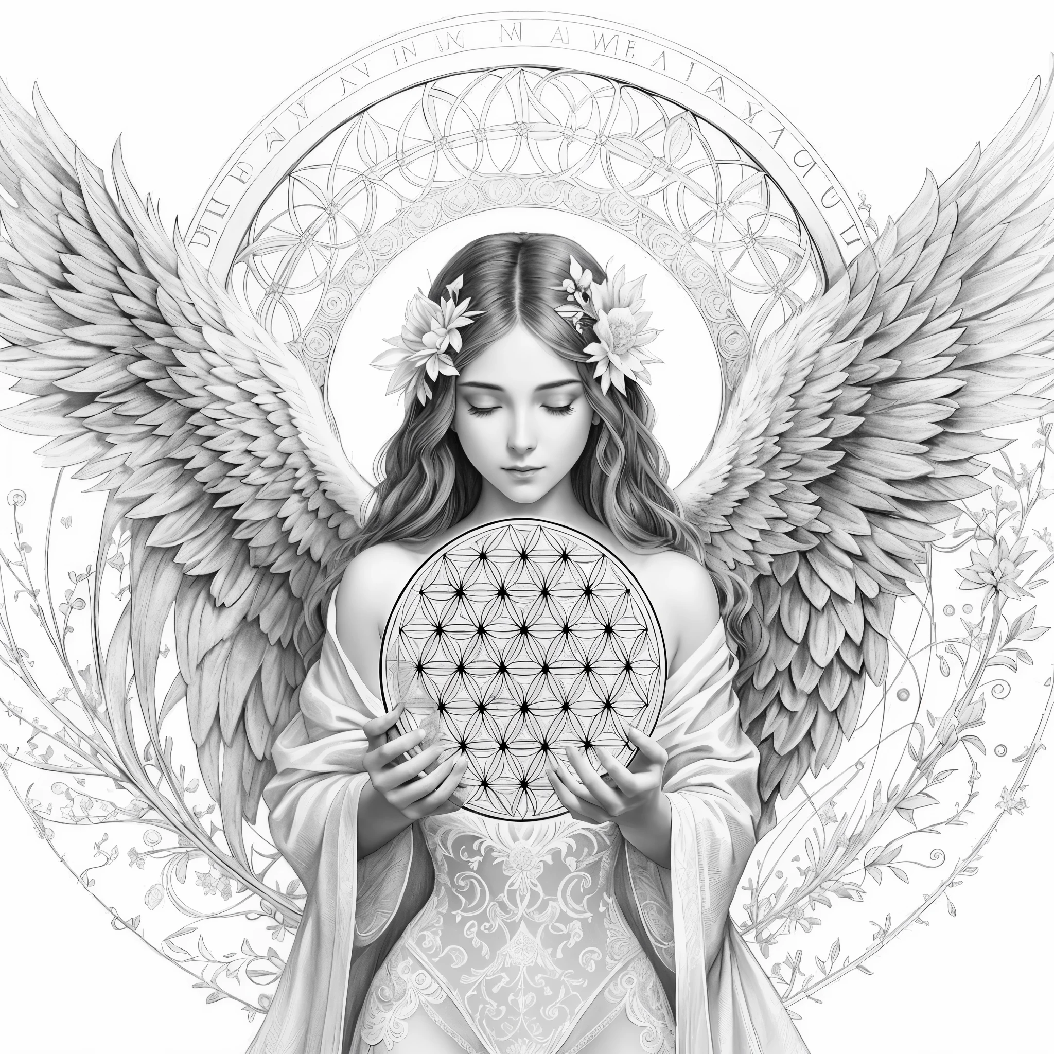 a black and white drawing of an angel holding a flower of life, pure like an angel, flower of life, divine woman, etheric angelic light beings, goddess. very high detail, arcane art, Sacred geometry, Written by Cedric So, infinite angel wings, anna dittman, Mystical purity, Sacred geometry, goddess art, A shining angel-like existence, Written by Marie Angell