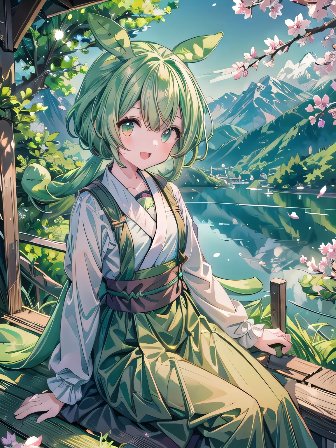 (masterpiece), dark green hair, eyes are yellow, scenery, mountainous horizon, cherry blossoms, petal, particles of light, Upper body, 1 girl, crew, wavy hair, floating hair, smile, sitting, open your mouth, particles of light, aqua eye, looking at the viewer, face focus