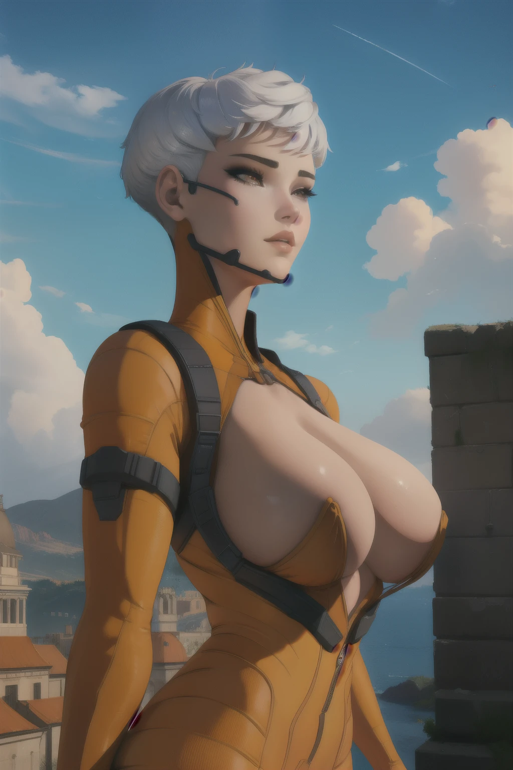 valkapl,white hair,short hair,brown eyes,
orange bodysuit,
upper body, standing,
outside,clouds,rooftop,
(insanely detailed, beautiful detailed face, beautiful detailed eyes, masterpiece, best quality), large breasts gigantic breasts, humongous breasts, titanic breasts
