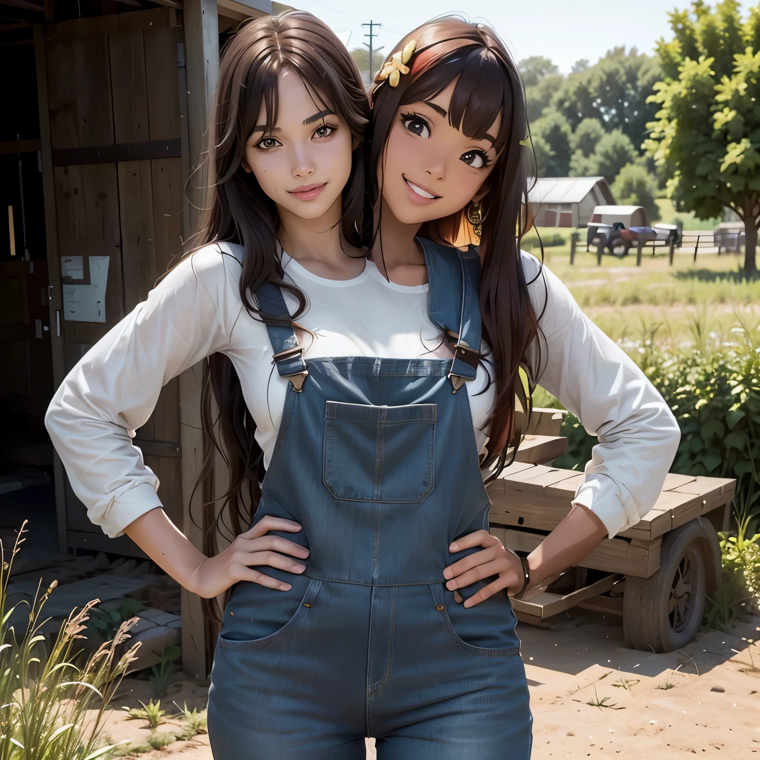 best quality, (anime:1.2)), 1girl, solo, detailed face, face focus, standing, black hairz brown hair, red hair, tan skin, light skin,(hair ornament:1.35),smiling, out in a farm, overalls, (looking at viewer:1.5) long hair, black eyes, bangs, lips,