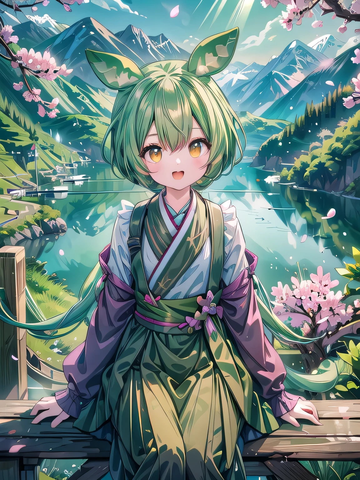 (masterpiece), dark green hair, eyes are yellow, scenery, mountainous horizon, cherry blossoms, petal, particles of light, Upper body, 1 girl, crew, wavy hair, floating hair, smile, sitting, open your mouth, particles of light, aqua eye, looking at the viewer, face focus