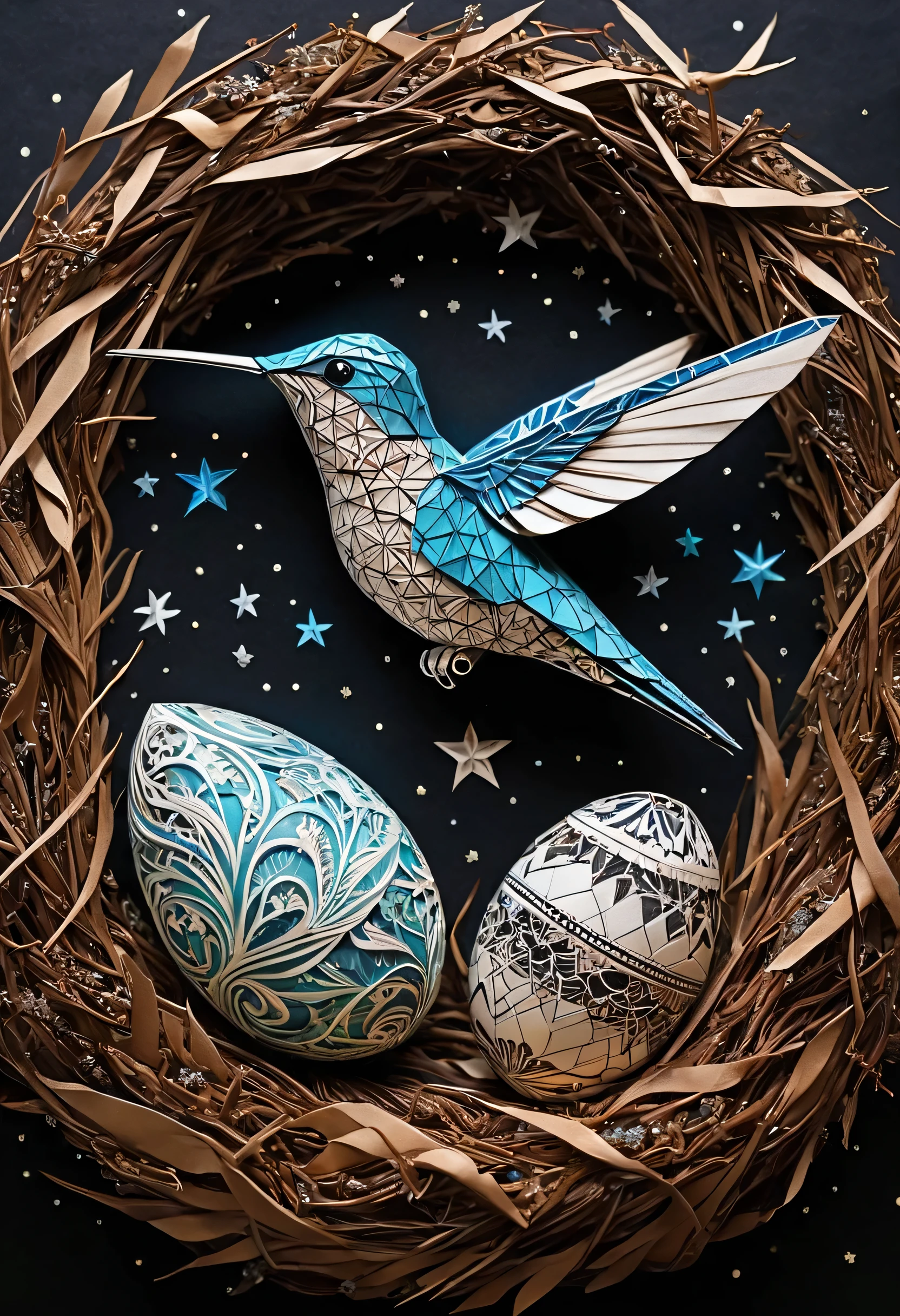 a hummingbird ,zentangle,origami,cinematic,in a nest of Chinese hummingbird,an egg has just broken,its mother is proud, zentangle full of stars sky,