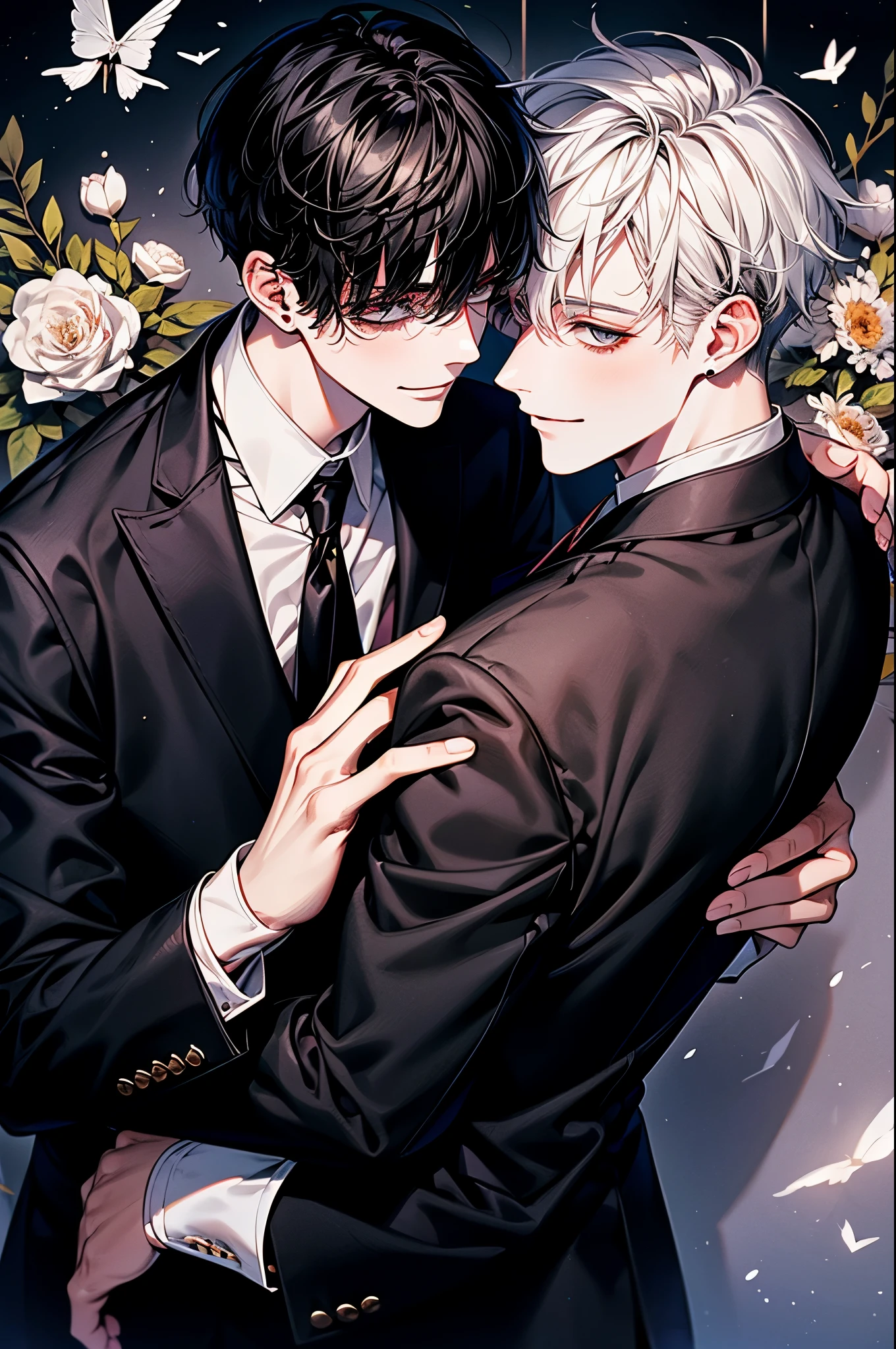 (pieces fly), (highest quality), very detailed, ((two men)), perfect face, beautiful face, very detailed顔，(black haired man:1.3)，(white haired man:1.3)，suit，shirt，smile，flower