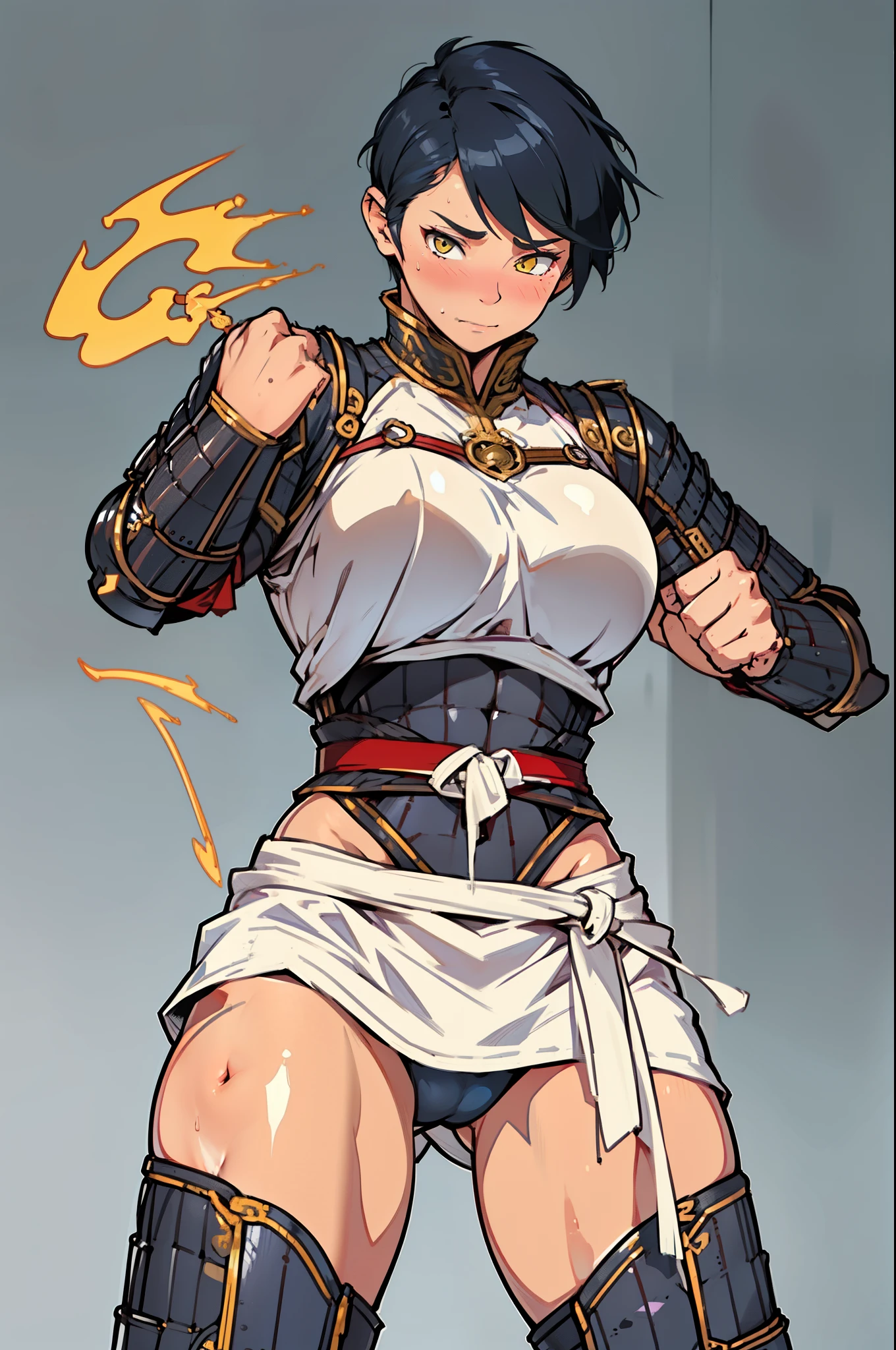 (high resolution, pixel perfect, gorgeous illustrations), (hyper quality, muste piece, etheric: 1.4), ((1girl)), (((((fighting stance))))), ((tattoo)), ((mature woman)), cool atmosphere, (((((very short hair))))), yellow eyes, ((((orgasm)))), (((blush))), (((((((muscular))))))), ((thick thighs)), (((wide hips))), ((Big breasts that are about to burst)), fighter, (((woman))), ((((wh_chi_armor)))),  (((((cameltoe))))), lewd woman, (shiny skin), sweat, simple background,