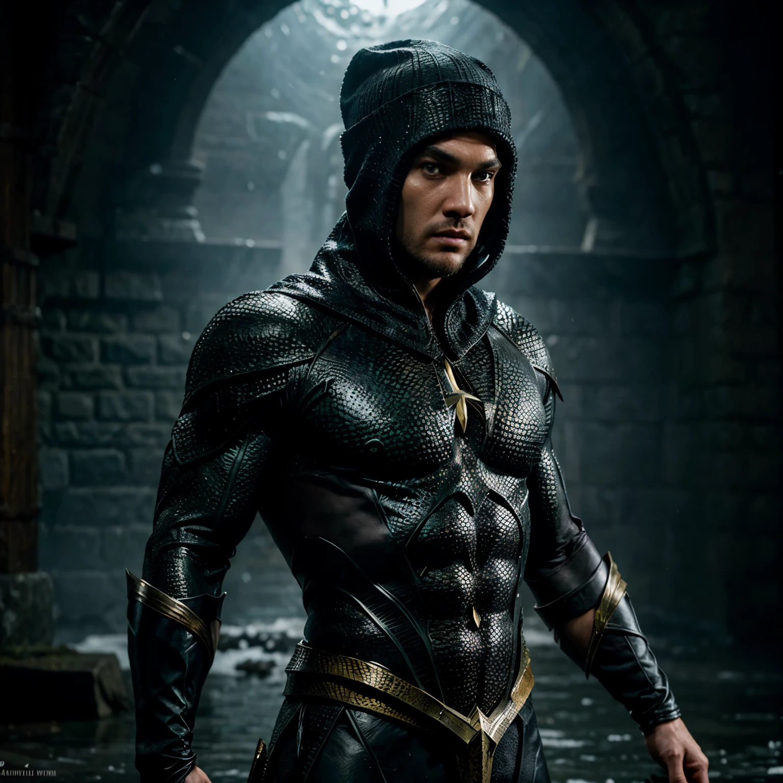 Aquaman the lost kingdom costume with shaved face wearing black winter hat covering all head