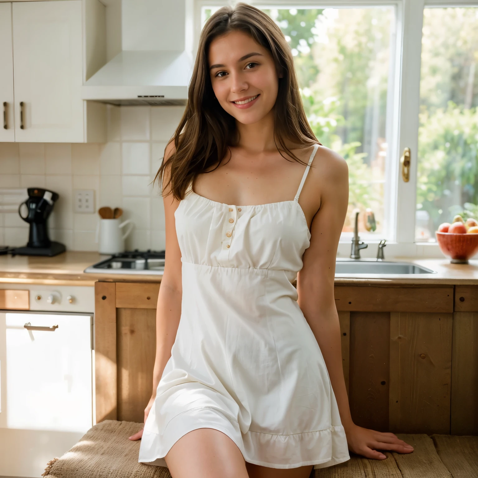 beautiful brunette girl, isst obst, poses for an Instagram post, wears a short dress,Welliges braunes Haar. smiling, Pose for the photo , RAW-Foto in Folge,  28 year old teenager, detailliertes Gesicht, Detailed and slightly blurred backgrounds, Natural light, hdr, fotorealistisch, Professionelles Foto, Linda, premier naturel, 8k UHD, good quality, Filmkorn, Fujifilm XT3