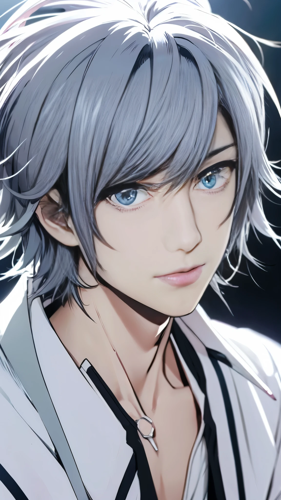 a close up of a person with white hair and a sword, nagito komaeda, inspired by Okumura Togyu, he has dark gray hair, silver haired madman, Tall anime guy with blue eyes, inspired by Okumura Masanobu, anime youth, anime male characters, nagito komaeda from danganronpa
