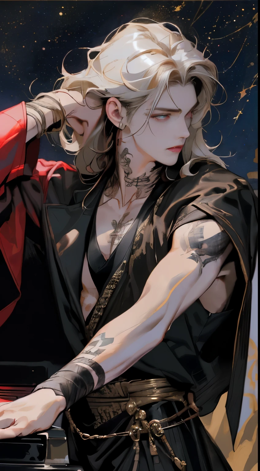 (((8k, original photo, best quality, masterpiece: 1.4))), (((play piano的男人))), ultra high resolution, Super detailed, light, Close-up cleavage,chest muscles， handsome man, play piano, Red eyes, (delicate eyes, The eyes are bright:1.2), black medium length hair, vampire, Pale complexion, Ear piercing, dark, black clothes, Meticulous clothes, gold accessories on clothes, sharp fangs, (perfect anatomy:1.2), High quality shadows,  natural lighting, (White highlights:1.2), night, cloudy day, (neck tattoo:1.2), (starry sky:1.2)