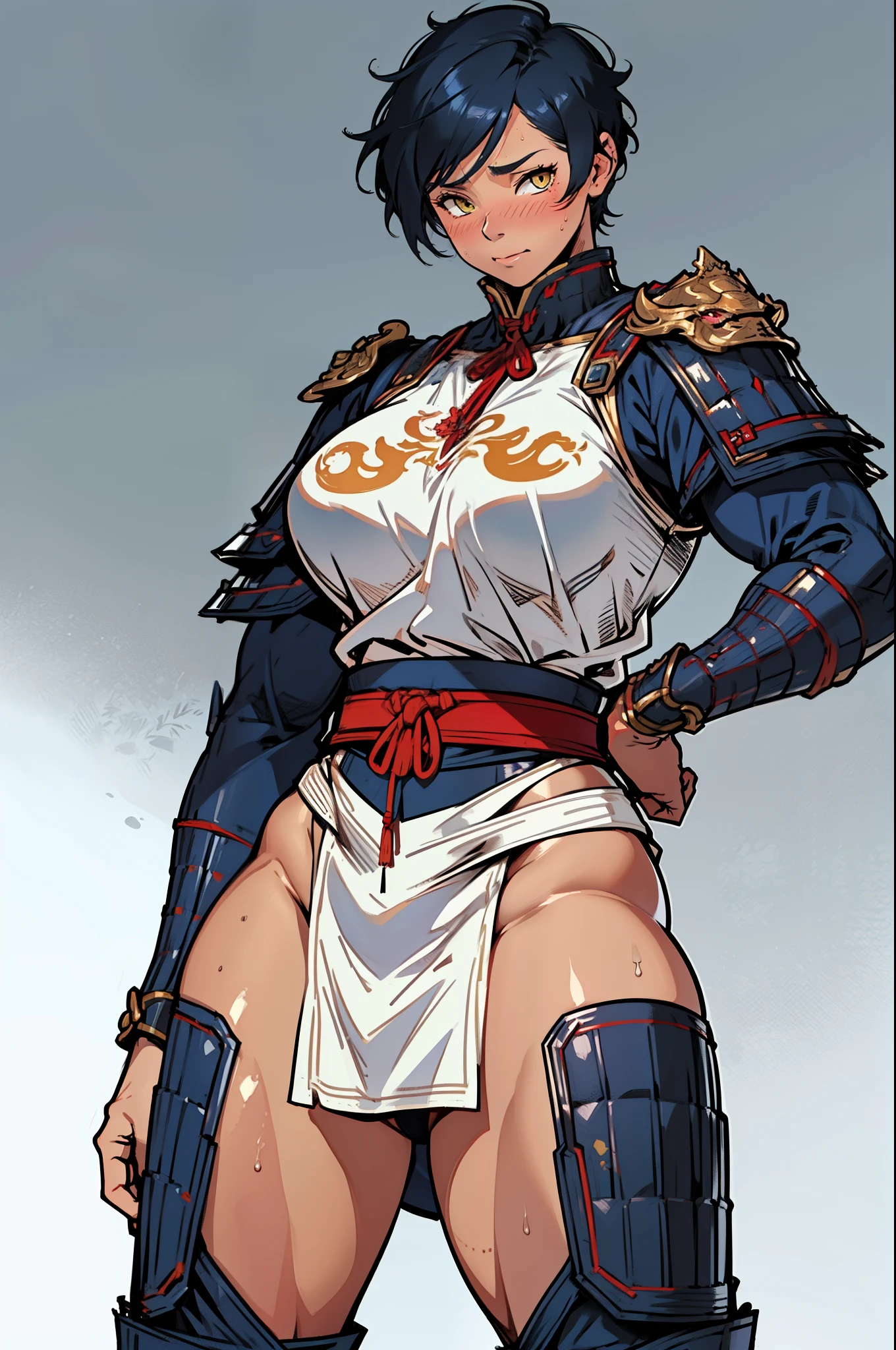 (high resolution, pixel perfect, gorgeous illustrations), (hyper quality, muste piece, etheric: 1.4), ((1girl)), (((((fighting stance))))), ((tattoo)), ((mature woman)), cool atmosphere, (((((very short hair))))), yellow eyes, ((((orgasm)))), (((blush))), (((((((muscular))))))), ((thick thighs)), (((wide hips))), ((Big breasts that are about to burst)), fighter, (((woman))), ((((wh_chi_armor)))), (((((cameltoe))))), lewd woman, (shiny skin), sweat, simple background,