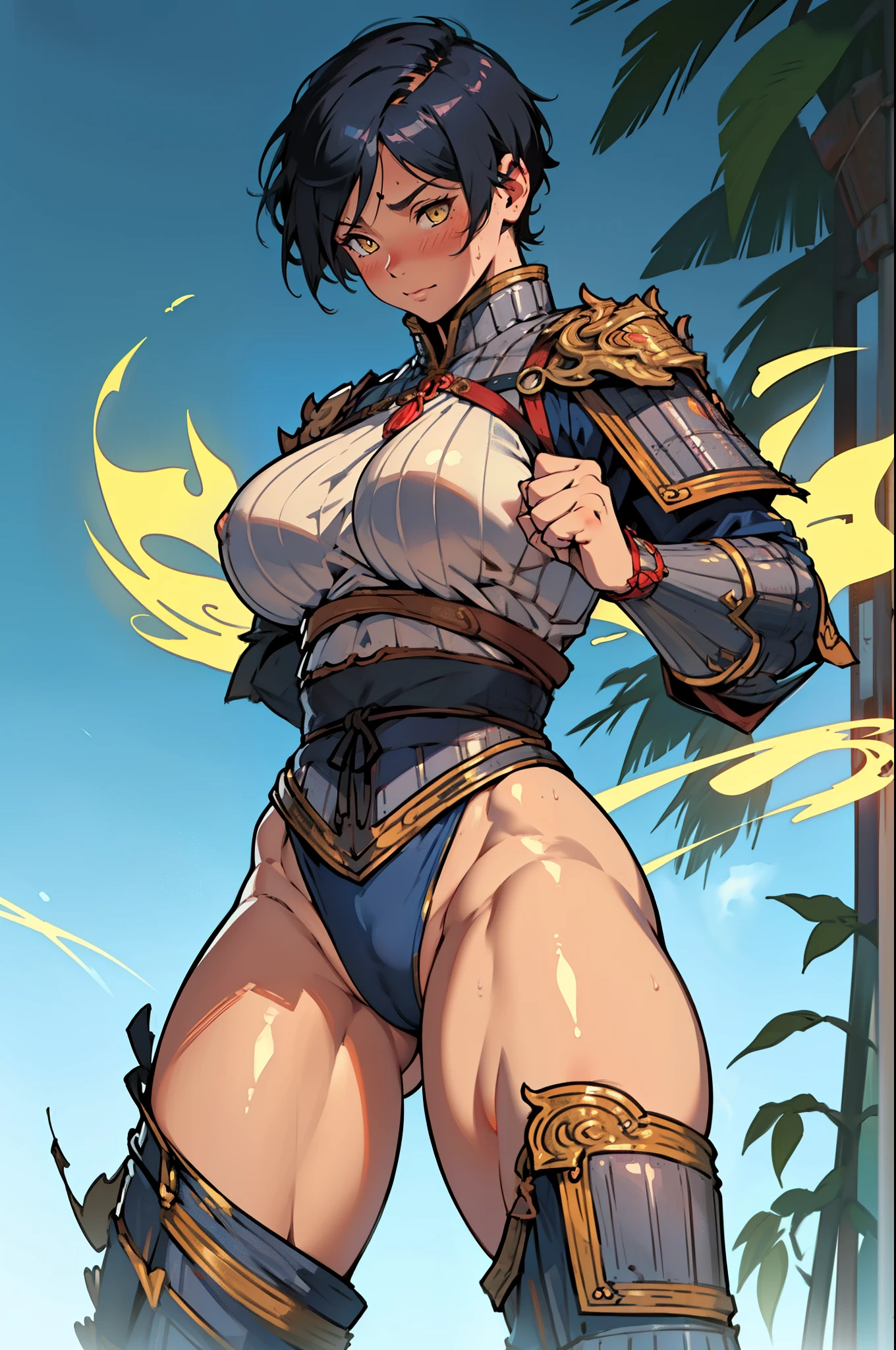 (high resolution, pixel perfect, gorgeous illustrations), (hyper quality, muste piece, etheric: 1.4), ((1girl)), (((((fighting stance))))), ((tattoo)), ((mature woman)), cool atmosphere, (((((very short hair))))), yellow eyes, ((((orgasm)))), (((blush))), (((((((muscular))))))), ((thick thighs)), (((wide hips))), ((Big breasts that are about to burst)), fighter, (((woman))), ((((wh_chi_armor)))), (((((cameltoe))))), lewd woman, (shiny skin), sweat, simple background,