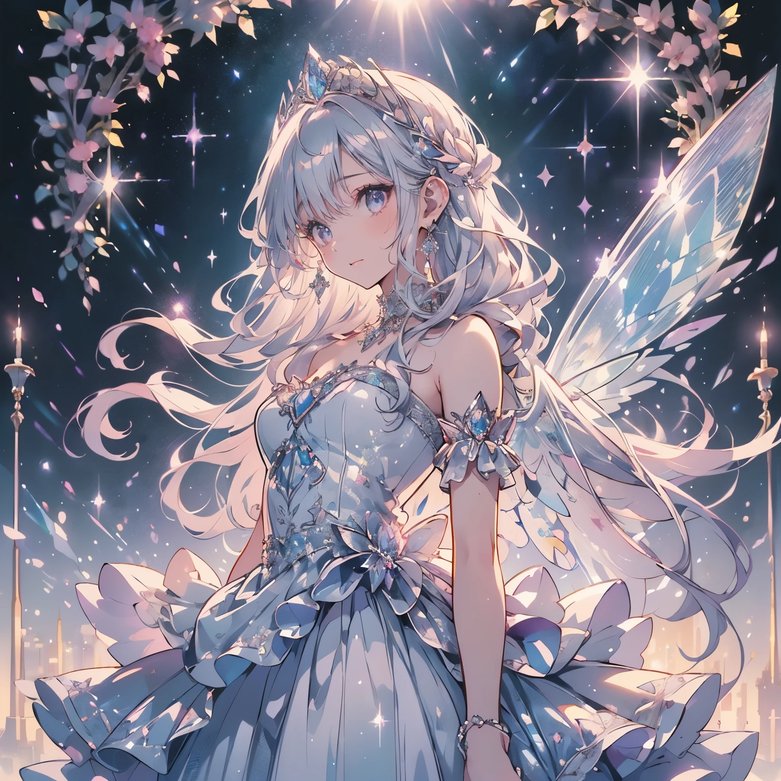 (exquisite, beautiful, very detailed, masterpiece, high quality, confused, High resolution, Full HD, 16k, soft edge, soft lines),(dynamic angle),fly in the sky,dramatic lighting,pastel colour,soft lighting,((Moonlight night,beautiful月)),starry sky,meteor群,meteor,(fairy princess, purple eyes, long eyelashes,white skin,slim,pale pink plump lips,pale pink cheeks, The wind is blowing,White fluffy hair,slim,(thin and high nose,small nose),(Huge fairy wings grow from just above her waist.:1.1),silver decoration,diamond tiara,diamond earrings,diamond earrings,Diamond Choker,(silver ball gown dress:1.1), silver lace and frills, (fantasy, romantic atmosphere)