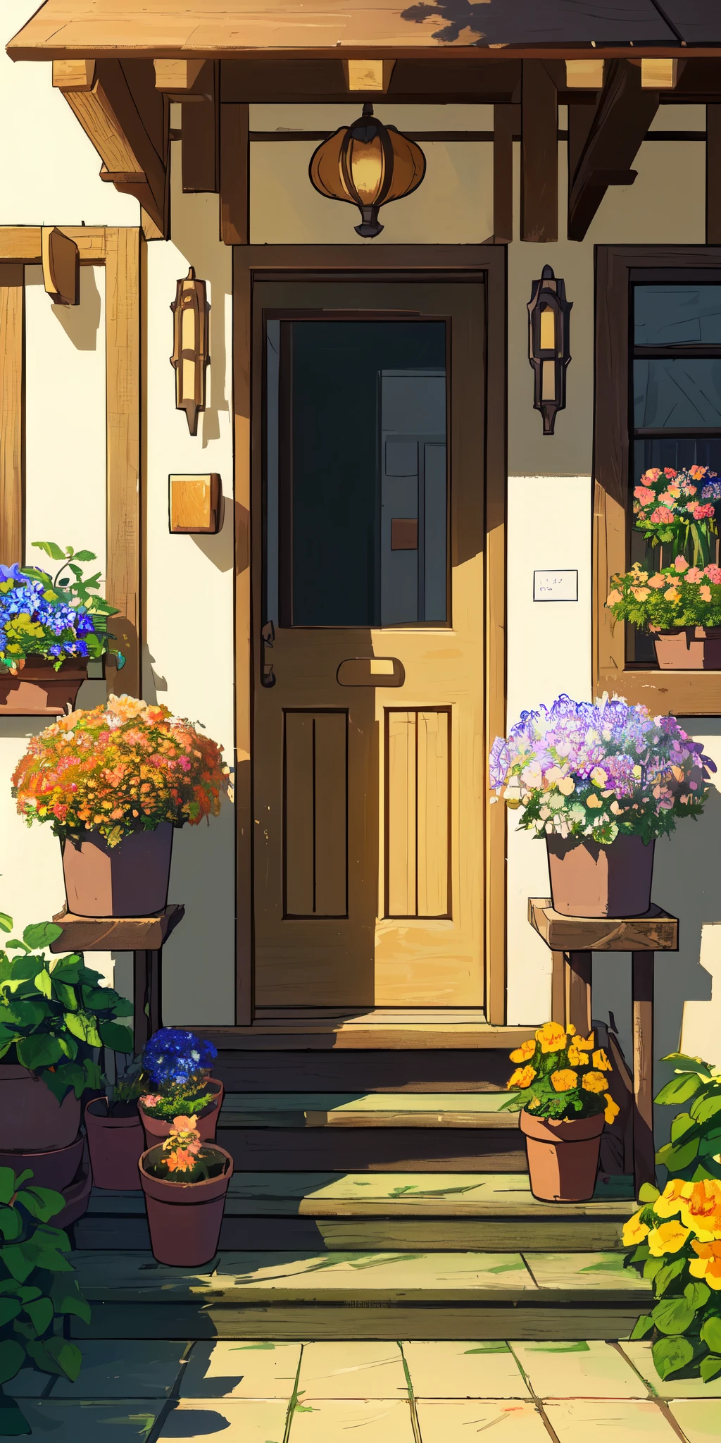 Masterpiece, best quality, (very detailed CG unity 8k wallpaper) (best quality), (best illustration), (best shadows) Nature's photorealistic close-up of a group of colorful flowers in various pots, overflowing with blooms, arranged on the steps leading up to a weathered wooden front door.