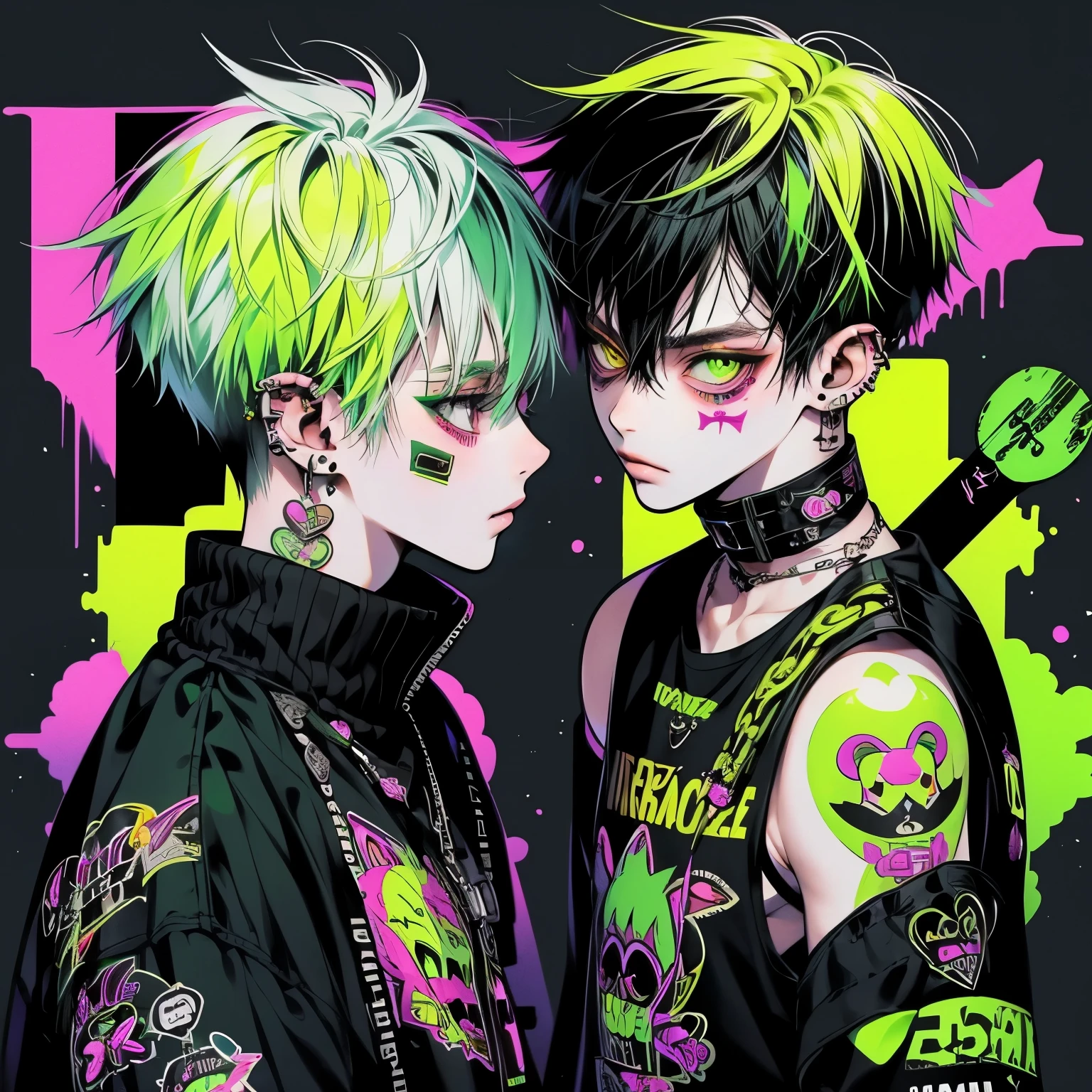 Punk rock emo man, Neko, wolf boy, neon green hair, tattoo sleeves and piercings, yellow eyes, slender, skinny, short,  Harajuku-inspired punk clothes, no twins, one person