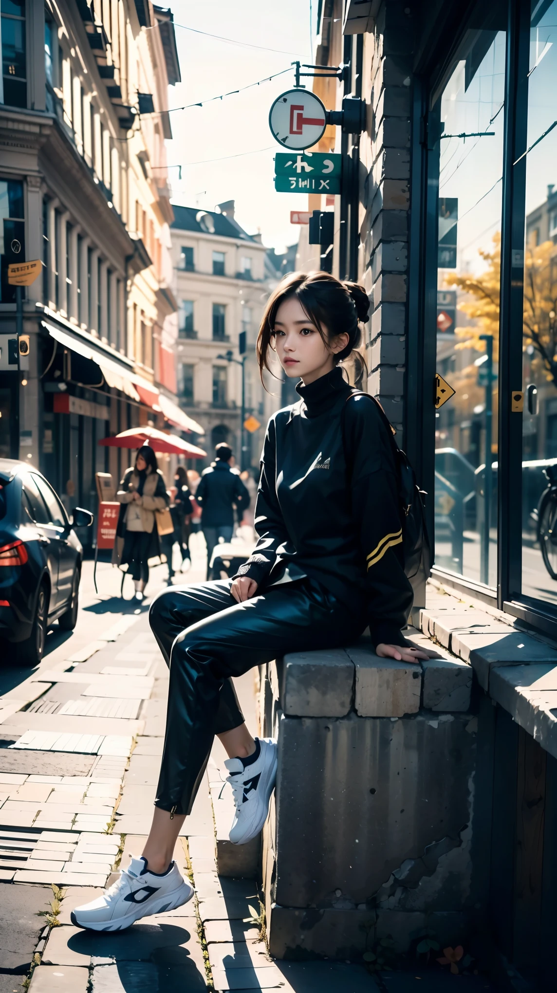 (Masterpiece), (Best quality),1girl, Gray turtleneck sweater, black pants, simple white sneakers, sitting on a bench in the street, one leg gently over the other, with a book in hand, clean and simple Scandinavian architecture and streets,the morning sun shines gently,Simple is not simple, reflects the inherent temperament,glowing