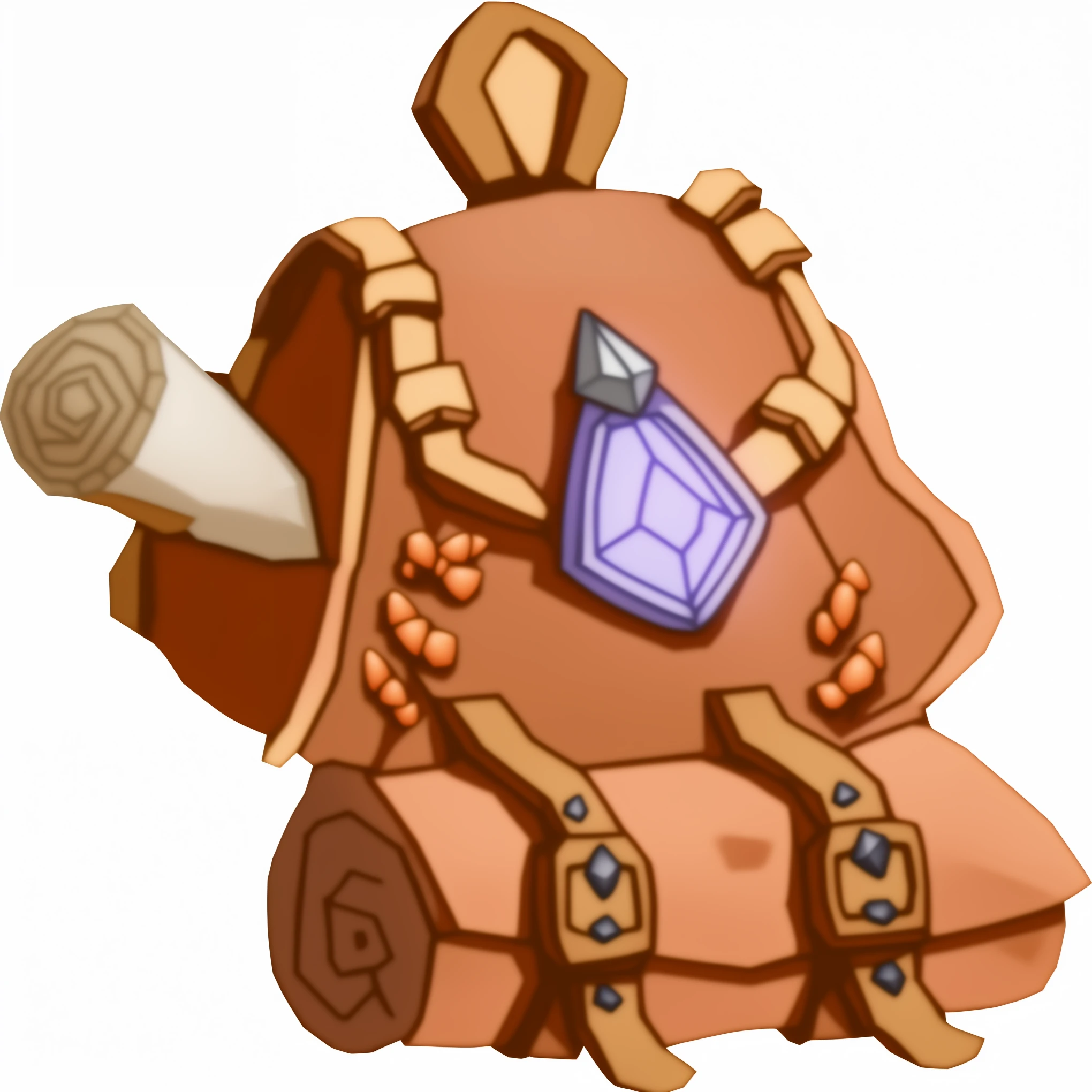 a brown Backpack with a diamond on it and a roll of paper, role playing game project, role playing game project, Brown exoskeleton, rpg game inventory items, Brown armor, object art, puppet, Backpack, a Backpack, Adventure gear, Heart Stone original art style, hermit crab titan, Fantasy D&d magic item