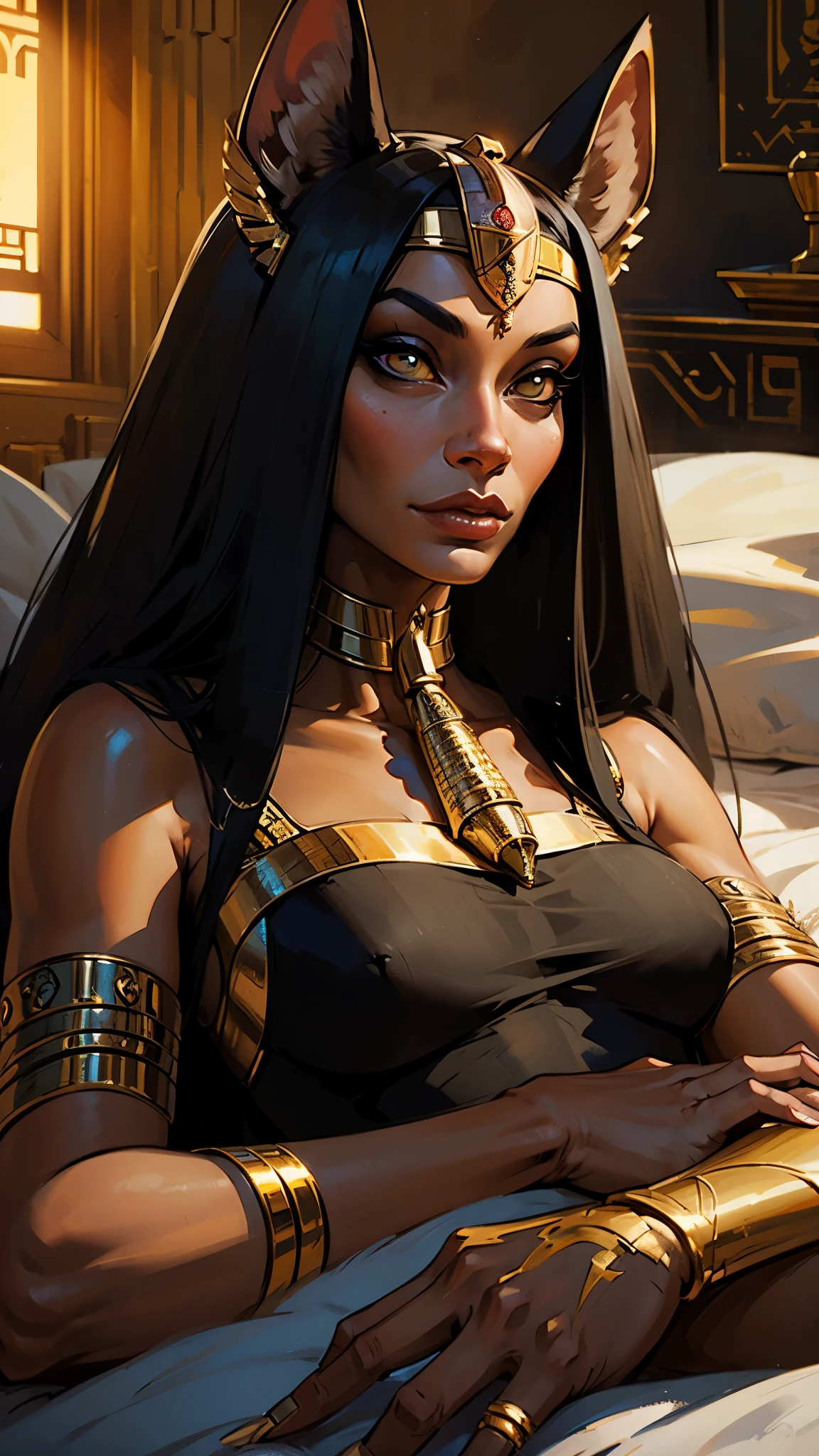 1woman, Pharaoh, the pharaoh woman, Sphinx, sphinx girl, onyx sphinx, monstergirl, (solo), photorealistic anthropomorphic animal in bed, furry, detailed face, detailed hands, egypt, warm colors