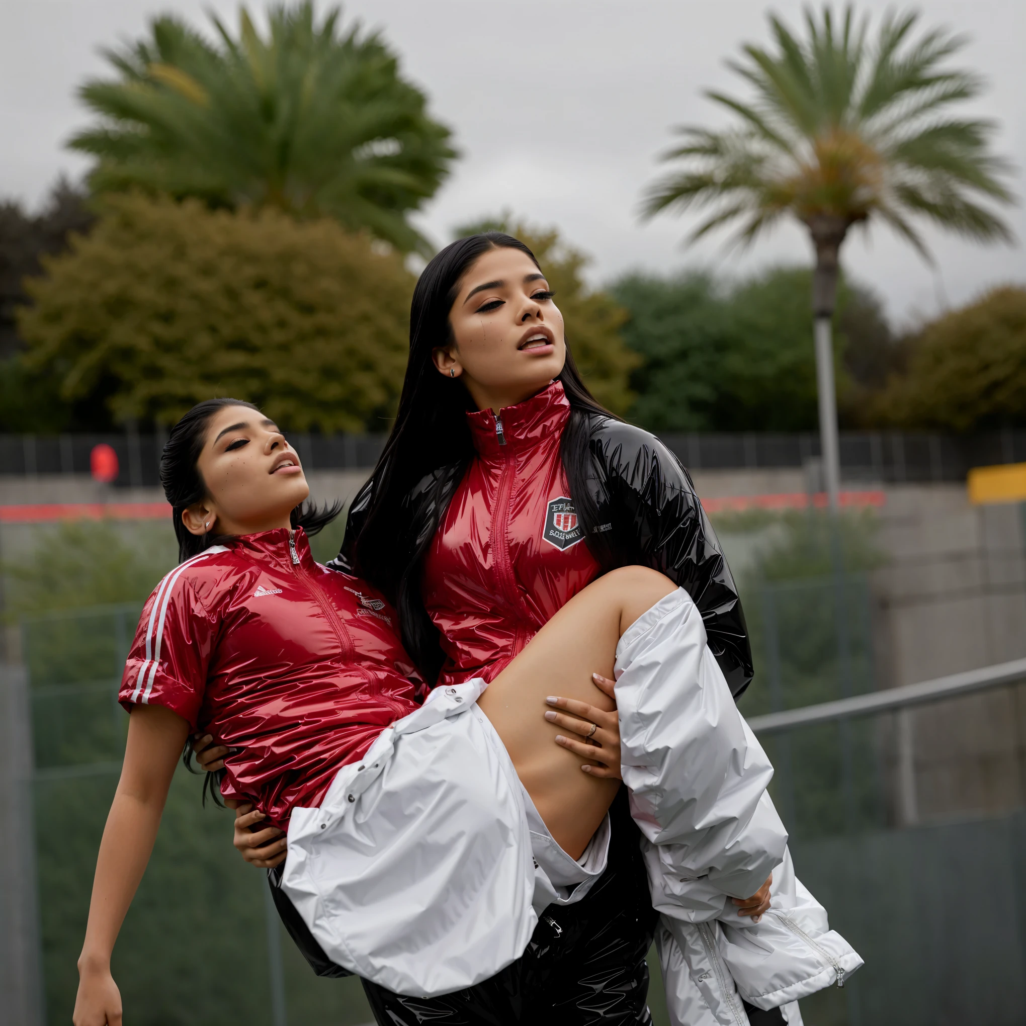a desparated latino-girl is standing in a laquered and very shiny quilted coat and carries a man in matte sportswear in her arms, a shouting latino-woman carries a man in dull sportswear, a woman carries in her arms a male soccer player in cotton sportswear, rainy weather, rainfall, humid, girl carries guy, lift and carry, an excessively madeup latino-girl in a high-shine wet black latex downcoat, a soccer scene, a soccer injury, first aid carry at a soccer match, a young madeup latino-girl in a shiny black vinyl downjacket, a madeup latino-girl in a shiny plastic-downcoat, a very sad and desperately crying latino-girl, an intensely madeup latino-girl in a glossy black vinyl-downcoat, latino-girl with lipstick, latino-girl with smoky eyes, dramatic action pose, woman that is carrying a skinny shorthaired man, there is a beautiful woman in a shiny coat who is carrying a shorthaired blond man in her arms, a longhaired beautiful woman in a high-shine black puffy coat, a longhaired woman in a shiny downcoat, a woman is carrying a shorthaired man who is wearing black shorts, a weak shorthaired man in black shorts is consciousless and needs to be carried, a shorthaired man with closed eyes is carried in the arms of a longhaired latino-woman, a latino-woman looks very scared and terrified, a consciousless shorthaired man with closed eyes is suffering very much and has a very painful face, photo, photo shoot, photographed, arafed man being carried by a woman, very realistic, very very realistic, hyper-realistic, hyper - realistic, hyper realistic, jacket over bare torso, very disturbing, very hyperrealistic, super realistic, hyperrealistic!, extremely realistic, very very very realistic, super-realistic realistic, super-realistictic!, extremely realistic, very very very realistic, super-realistic realistic, super-realistic, veiled arab woman's face, a completely matte and very dull cotton fabric soccer jersey on a male shaped torso