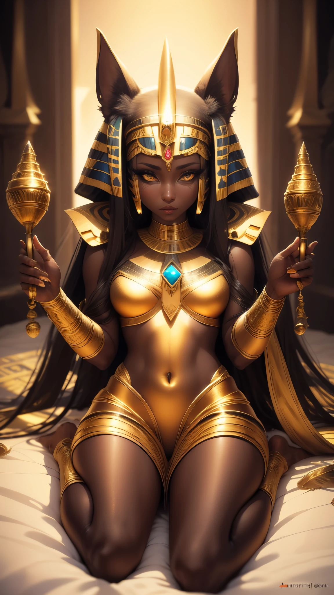 Pharaoh, the pharaoh woman, Sphinx, sphinx girl, onyx sphinx, monstergirl, (solo), photorealistic anthropomorphic animal in bed, furry, detailed face, detailed hands, egypt, warm colors