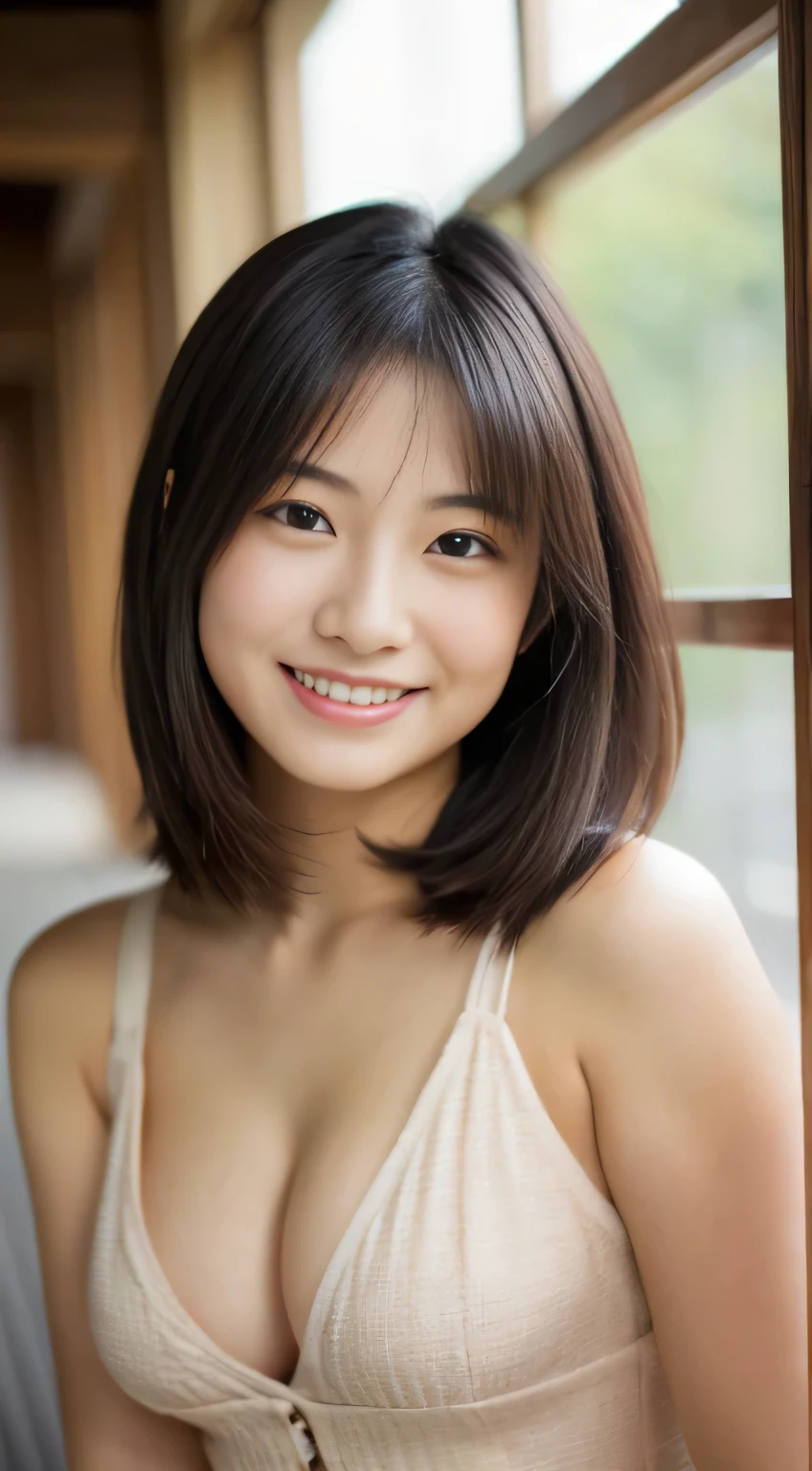 masterpiece,best quality,(Japanese ),((Beautiful girl)),cleavage,indoor,(perfect body beauty:1.2),(shy smile),beautiful teeth,