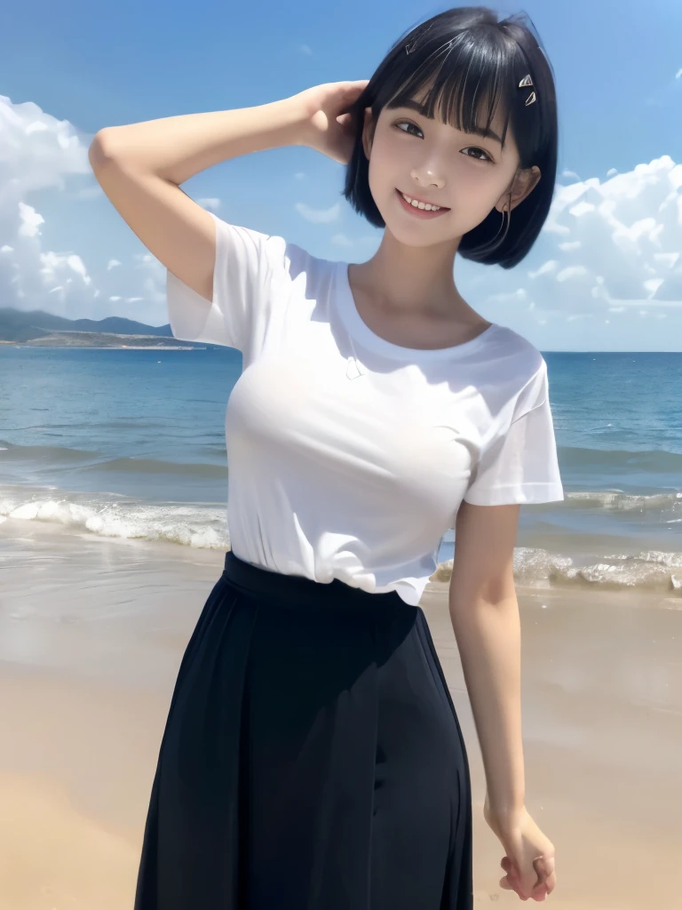 Unbelievably beautiful woman, (have a vagina , Insert into the :1.2), Please lift up your skirt and insert it..1.2, 18 years old, Neat face, a , Happy face, Very tight wet transparent t-shirt, Pony tail, (Best Quality, 8K, master piece :1.3), Lovely smile, emotional, (gleaming skin, Shiny hair:1.4), Beach, master piece, Best Quality, (Ultra-detailed),