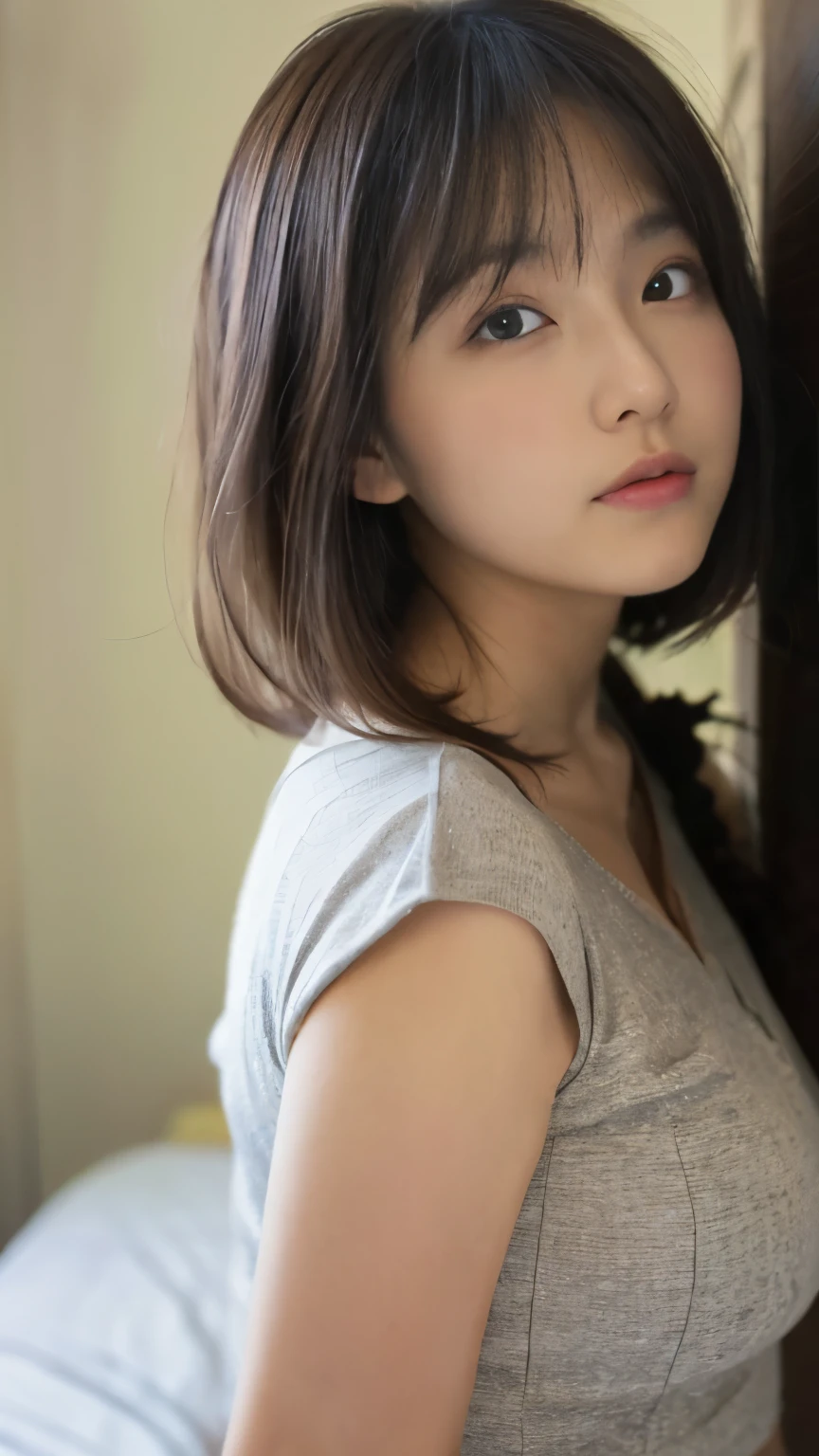 (((1girl)))((best qualtiy, 8K, tmasterpiece:1.3)),((Sharp:1.2, perfect figure beautiful woman:1.4, Slim abs:1.2)), ((Layered Hair Style, huge tit:1.3)),((Highly detailed facial and skin texture,A detailed eye,Black eye,double eyelid, droopy eyes)),(japan girl:1.5)(Brown Hair,Bob Cut)(V-neck shirt:1.8),(japan girl room:1.3)(from side:1.3)