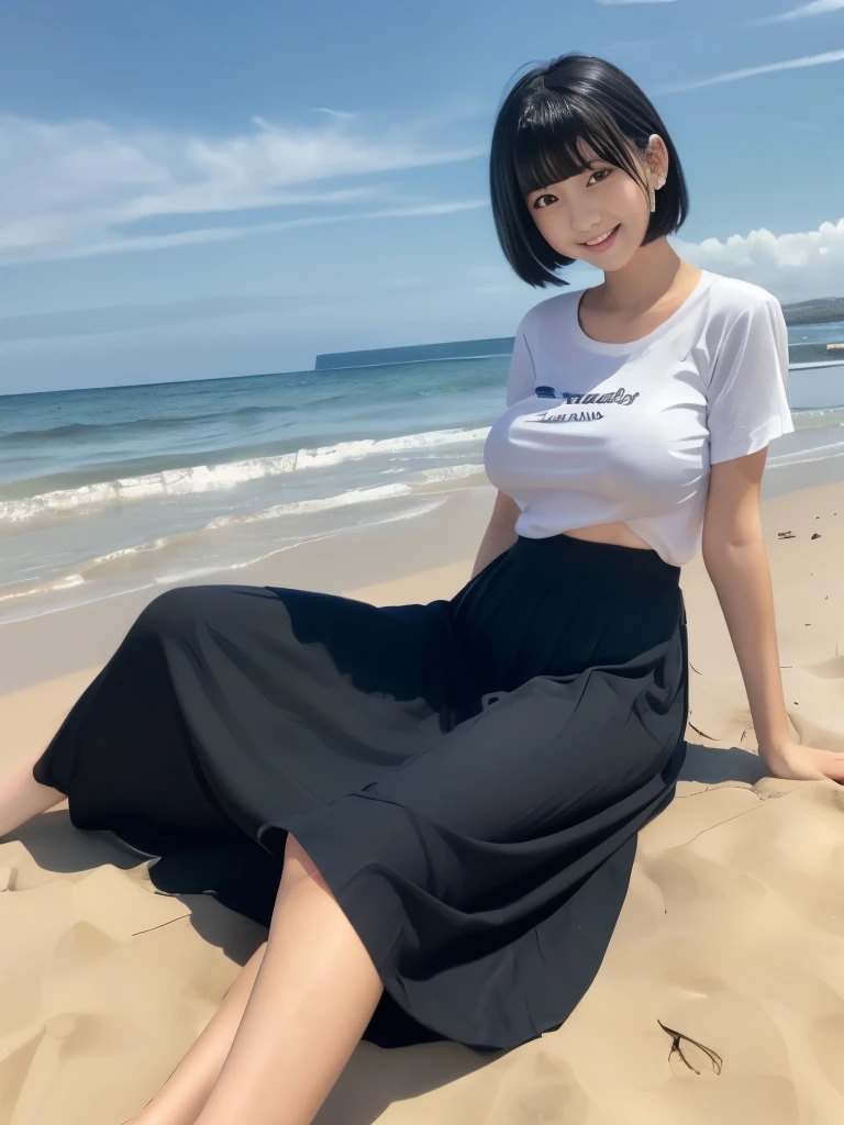 Masterpiece, Best-quality, RAW-photo, Ultra-High-Resolution, Photorealistic,
(Anatomically correct, 16-years-old, viewer's lover, She truly loves viewers, baby face, cute face, Perfect body, slim waist and busty body, Slender legs, Large breast, Realistic skin, angle from below),
((Wear White T-shirt, maxi long skirt, sandalaiko, Round face, Black hair, Moist eyes, Shining eyes, Short bob cut, Bangs, Down-slating eyebrows, one little earring, Light blush),
(Look at the viewer, stretch body),
(A smile that seduces the opposite sex),
(blue ocean, sun beach),
Natural lighting, full length,