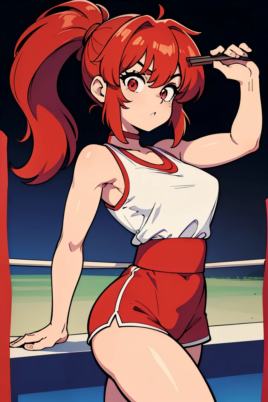 Ranma saotome, cabello rojo, pelirroja, rubor, concentration face, muslos, cintura estrecha, pechos grandes, cadera ancha, ricos pechos, escote prominente, pechos grandes, escote, cuerpo completo, pose vulgar, escote grande, pezones ricos, vulgar, pechos vulgares, escote muy grande, ropa deportiva, boxeando, peleadora sexy