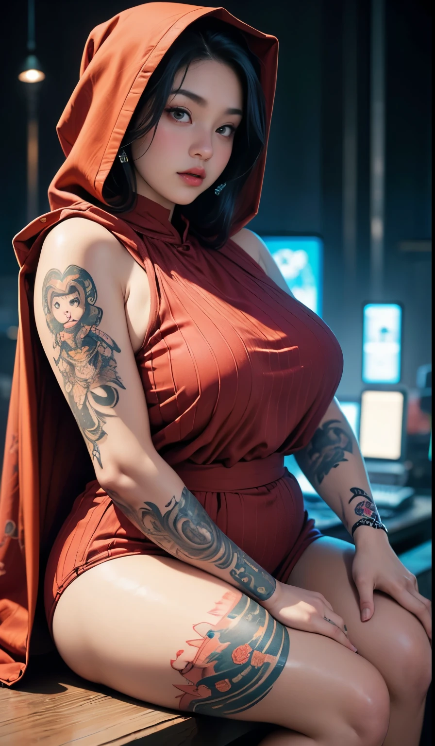 there is a woman sitting down with a longest brown hair, bbwchan, thicc, brown hijab outfit, brown hairstyle model, korean girl, korean woman, wearing brown robe, full length shot, alluring plus sized model, japanese goddess, clothed in hooded, voluptuous and arousing, portrait shot, curvy model, voluptuous body, wonderful, nene tanaka body , bbwchan, The overall atmosphere is smooth , haunting illustrations, extremely high-resolution details, photographic, realism pushed to extreme, fine texture, 4k, ultra-detailed, high quality, high contrast, red sneakers , cold atmosphere ,, cold atmosphere ,, ((Detailed texture of tattooed skin)), tattoo round breasts, irezumi tattoo style, tattoo on breasts, tttattoo, showing her thigh , tattoo on thigh, a close up of a woman with tattoos on her body, inked, tattooed body, fully tattooed body, tattooed, full-body tattoos, full - body tattoos, , full body tattoo, with tattoos, , tattoos, tattoos all over the skin, tattoos and piercings, ((Neka: 0.45)) LoRA, {{Big brother's tattooed woman Iremuzi tattoo style v1.0: 0.91}},, ((BohoAI v1.0 : 0.45))