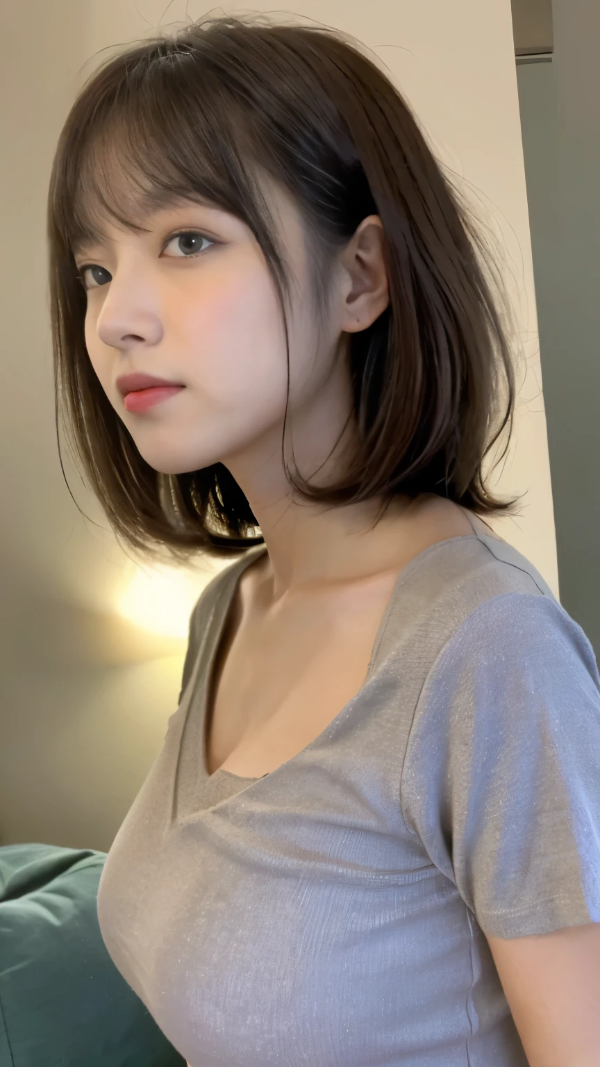 (((1girl)))((best qualtiy, 8K, tmasterpiece:1.3)),((Sharp:1.2, perfect figure beautiful woman:1.4, Slim abs:1.2)), ((Layered Hair Style, huge tit:1.3)),((Highly detailed facial and skin texture，A detailed eye，Black eye,double eyelid, droopy eyes)),(japan girl:1.5)(Brown Hair,Bob Cut)(V-neck shirt:1.8),(japan girl room:1.3)(from side:1.3)