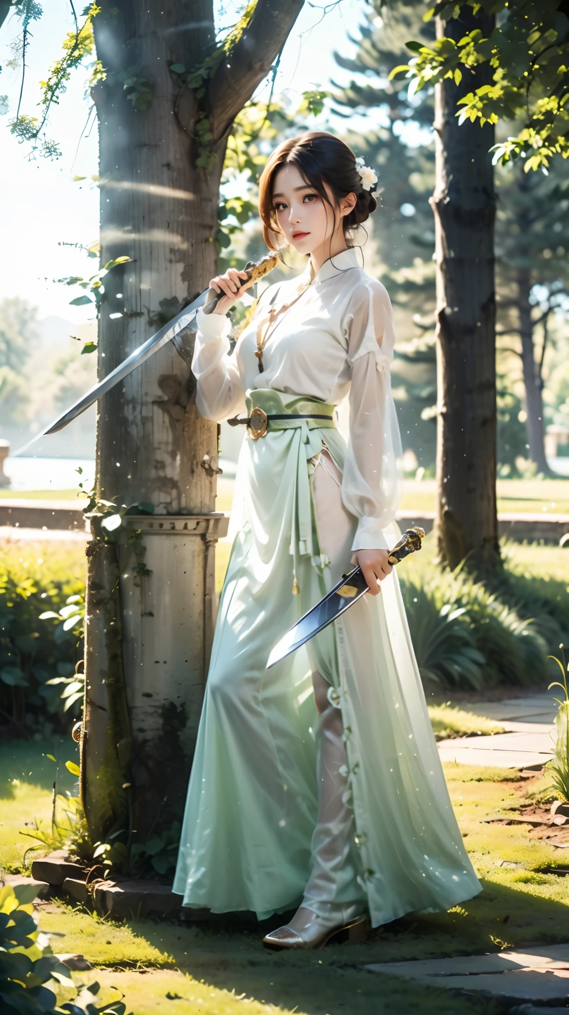 (Good structure),HDR,UHD,8K,absurdres, highres, ultra detailed, (1girl), BREAK, infrared photography, otherworldly hues, surreal landscapes, unseen light, ethereal glow, vibrant colors, ghostly effect, Enchanted forest with shimmering fireflies, mystical glowing mushrooms, ancient trees with intricate carvings, a hidden pathway leading to a magical waterfall, ethereal mist floating in the air, creating a dreamlike atmosphere, illustration style capturing the fantastical elements, by a stream, , glow