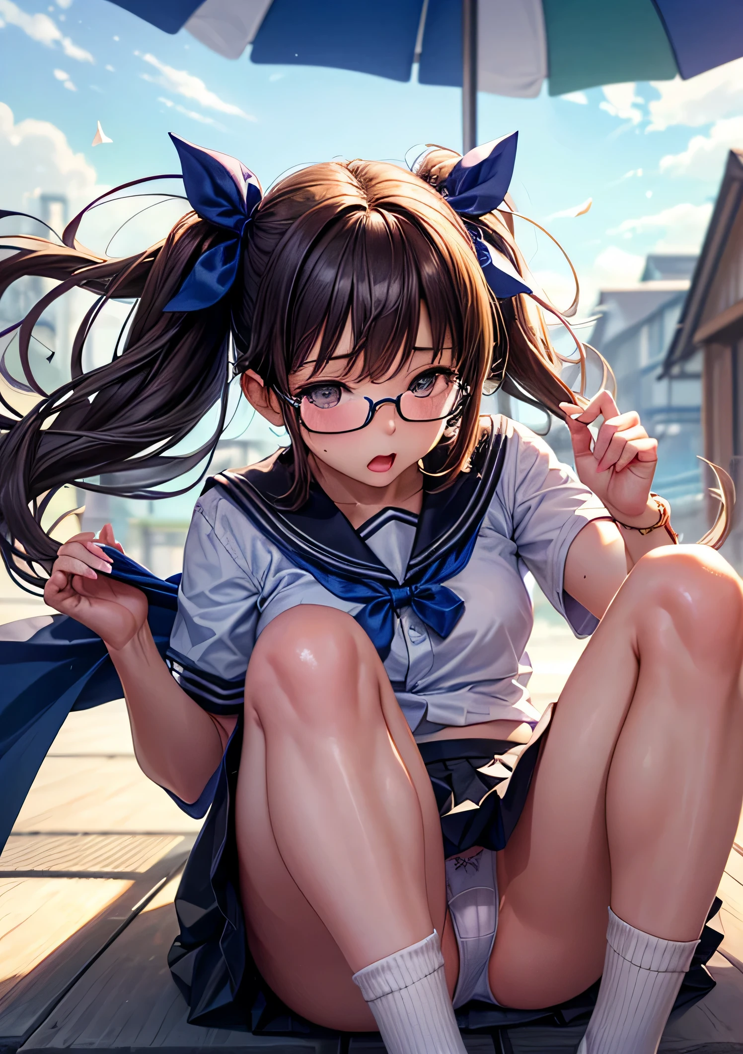 (NSFW: 1.3), (masterpiece, highest quality, High resolution, realistic pictures, realistic skin, fine skin), (1 girl, alone), (japanese model, japanese girl), Glasses, short twin tails, (summer clothes, white Y-shirt: 1.1), (dark blue skirt, pleated skirt: 1.1), (Don&#39;I don't have anything in my hands,The wind is blowing, wind lift, The wind blows up my skirt, A skirt that flips up in the wind, The skirt is fluttering: 1.3), dark blue socks, black loafers, (panties fully exposed: 1.4), white ribbed panties: 1.5, blush, embarrassing